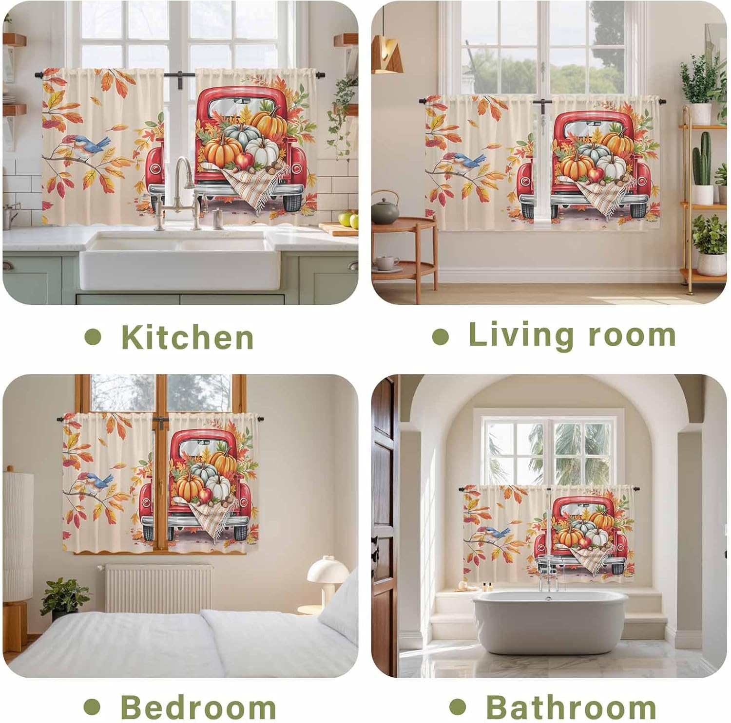 Thanksgiving Truck Kitchen Tier Curtains 45 Inch Long 2 Panel Set,Rod Pocket Short Window Treatment,Fall Orange Pumpkins Pastoral Leaves Curtains & Drapes for Bathroom Basement 27.5"W x 45"L