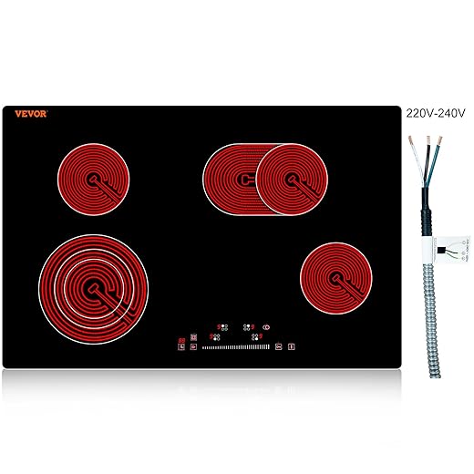 VEVOR Built in Electric Stove Top, 30 inch 4 Burners Ceramic Cooktop, 240V Glass Radiant Cooktop with Sensor Touch Control, Timer & Child Lock Included, 9 Power Levels for Simmer Steam Slow Cook Fry