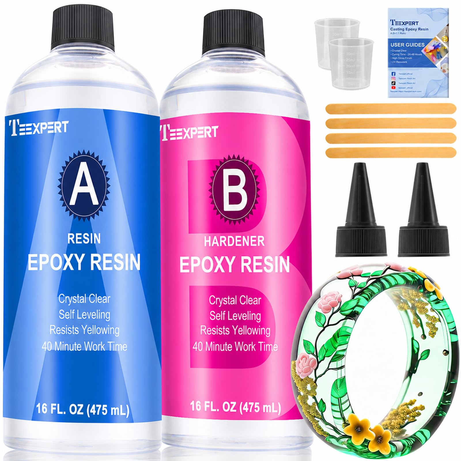 Epoxy Resin Crystal Clear Kit- 32oz/950ml - Casting Resin for Jewellery DIY Resin Coating Easy Cast Epoxy, with Instructions/Bonus Sticks/Graduated Cups/Beak
