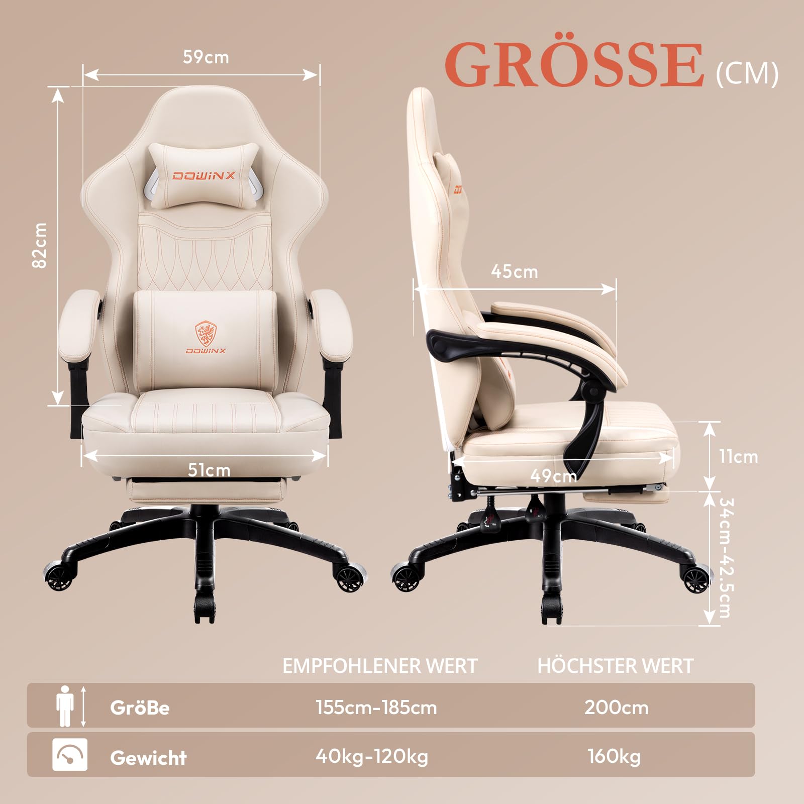 Dowinx Chaise de Jeu Ergonomique avec Coussin de Printemps et Support Lombaire de Massage, Fauteuil de Bureau en Cuir synthétique Blanc