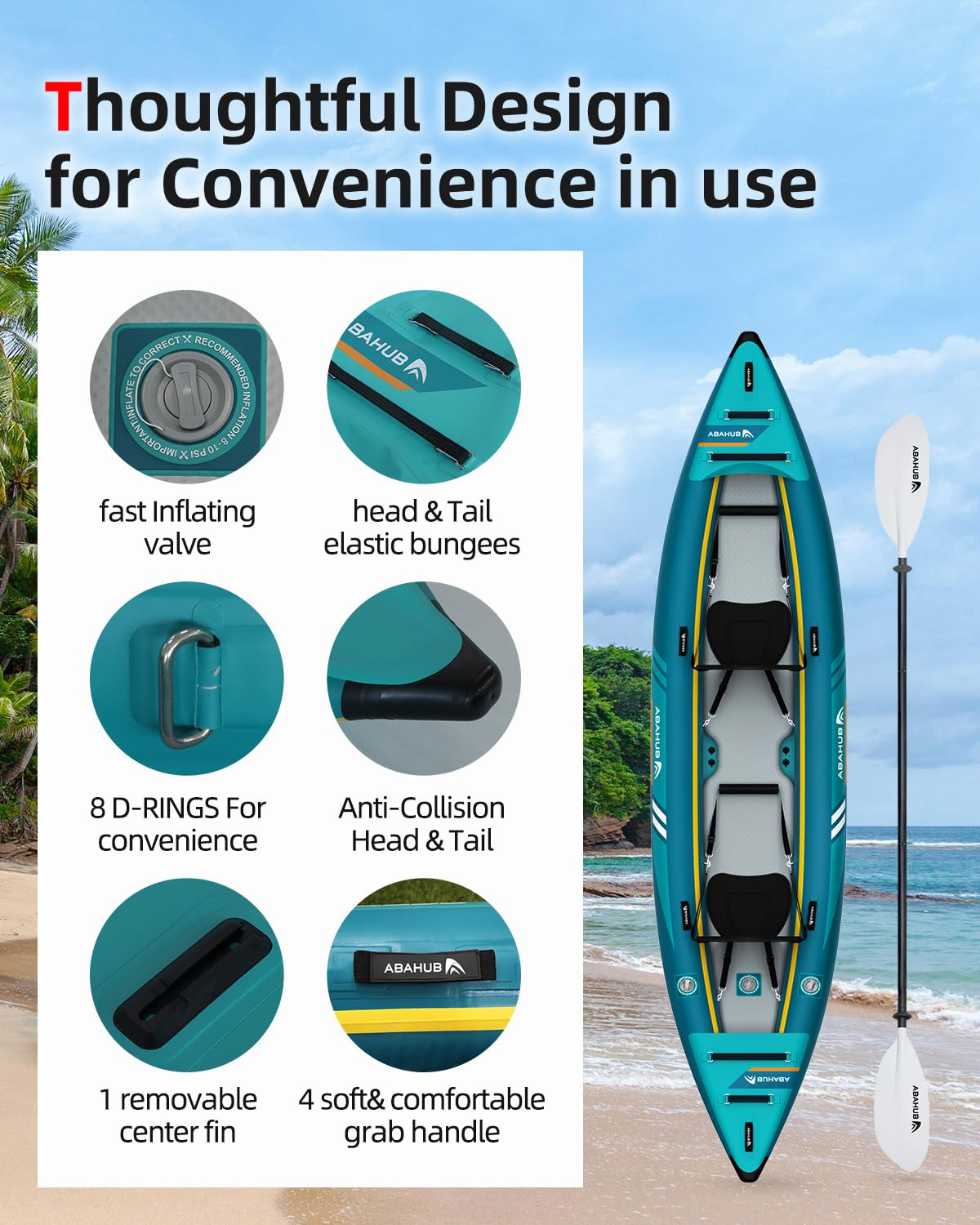 Abahub Kajak Aufblasbar 320cm/420cm Inflatable Kayak mit Kajak Paddel, Kajaksitz, Fußstütze, Handpumpe und Tasche für Kajakfahren Kanu Schlauchboot 1/2 Platz 320/420x89x23cm