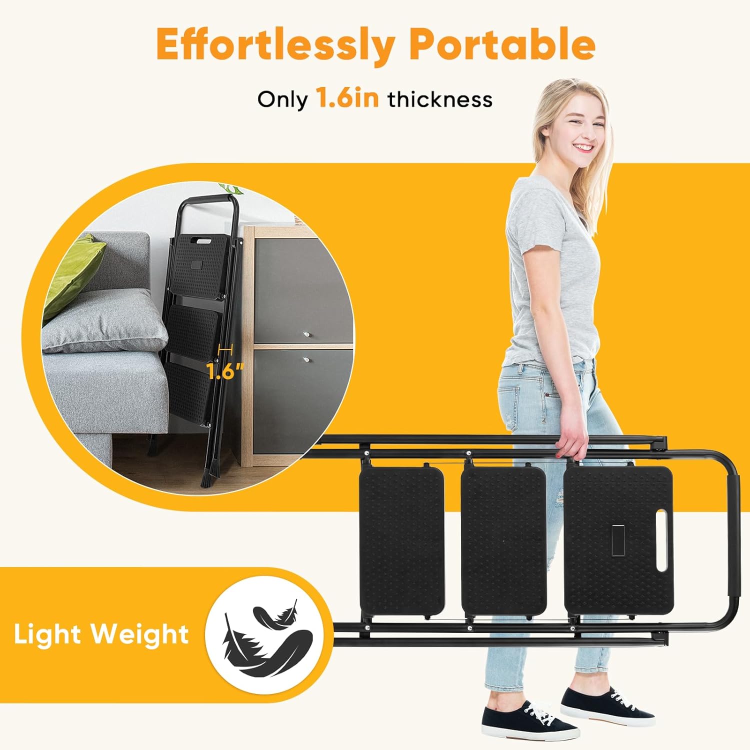 NEWBULIG 3 Step Ladder, Foldable Step Ladder with Safety Lock, Lightweight Portable Steel Step Stool with Anti-Slip Rubber Feet,for Home Office Garage, Black