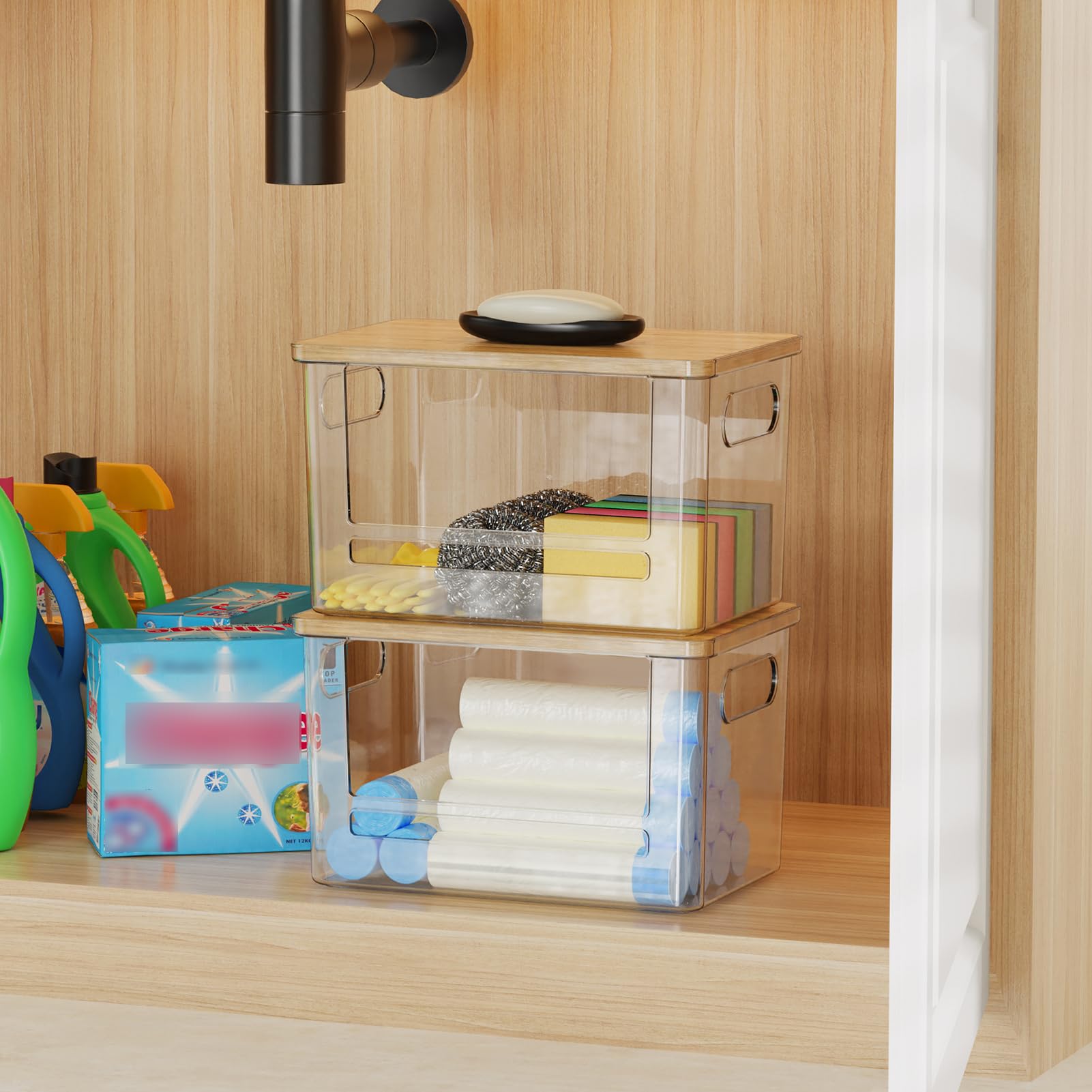 Riian Dispensador de bolsas de basura, soporte para bolsas de basura, soporte apilable para bolsas de basura con parte superior de bambú, contenedor de almacenamiento acrílico para debajo del