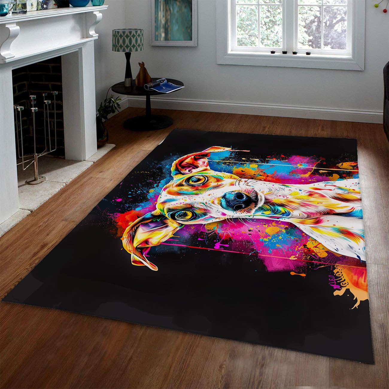 Tapis antidérapant pop art chien pour sécuriser et colorer un grand salon noir