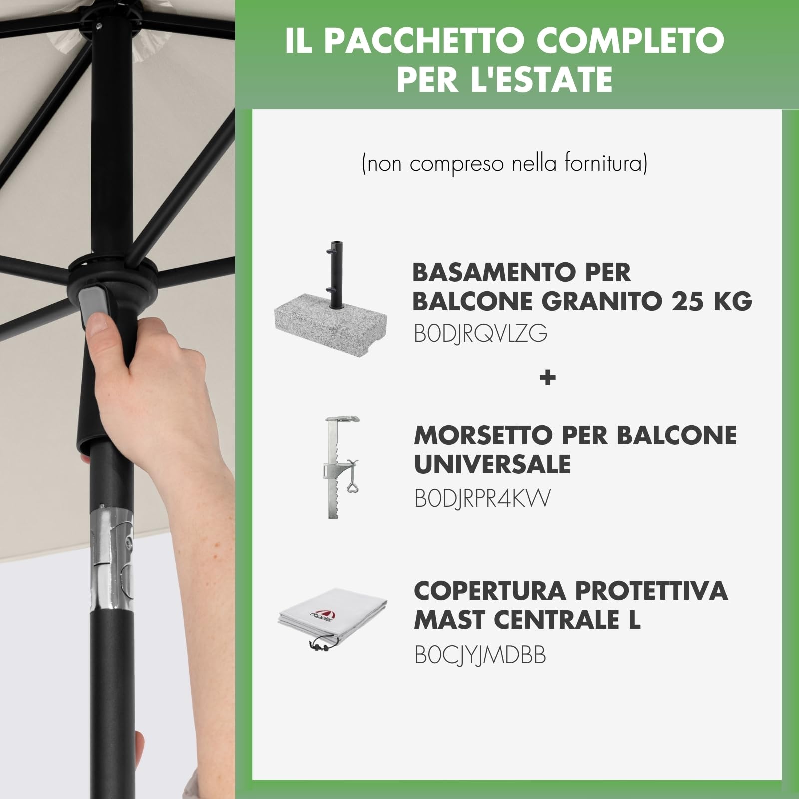 Doppler Parasole Rethink I 180x120cm al naturale I inclinabile per balcone e terrazza I sostenibile I con apertura a mano I Con copertura