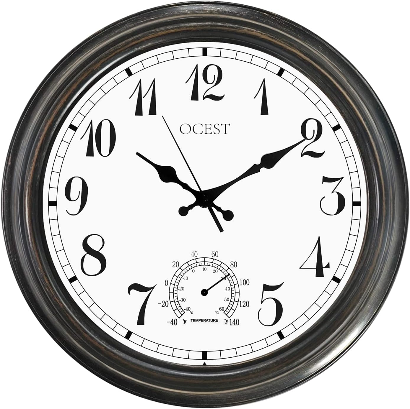 OCEST 16 Inch Large Indoor Outdoor Clock, Waterproof Wall Clock with Thermometer, Weather-Resistant Non-Ticking Battery Operated Decor for Patio Pool Porch Garden Bathroom