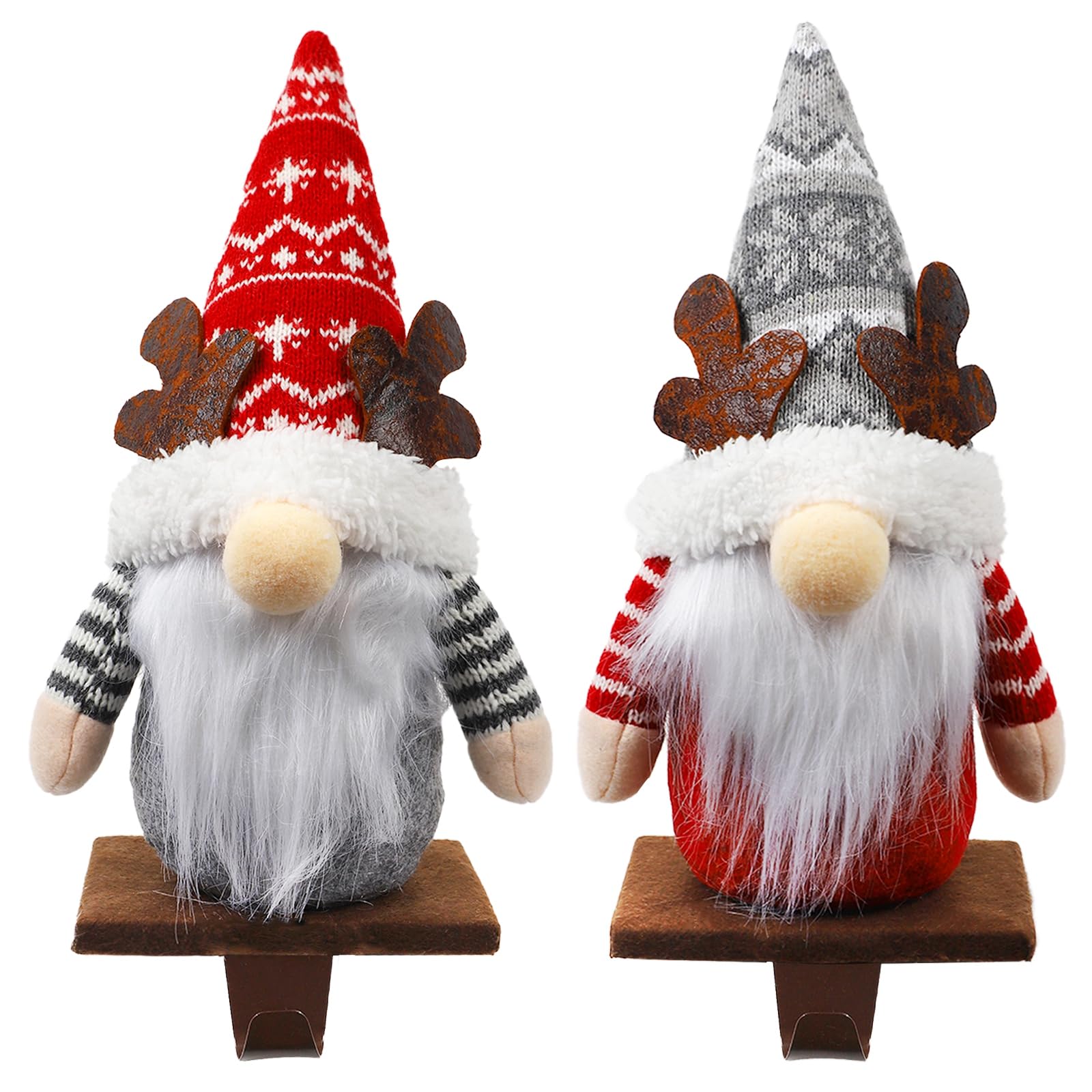 Aoutrow 2 Pack Christmas Gnome Stocking Holders, 11 Inches Plush Elk Gnomes Figurines Hanging Hooks for Stockings, Metal Stocking Hangers for Fireplace, Mantle, Shelves Christmas Decorations