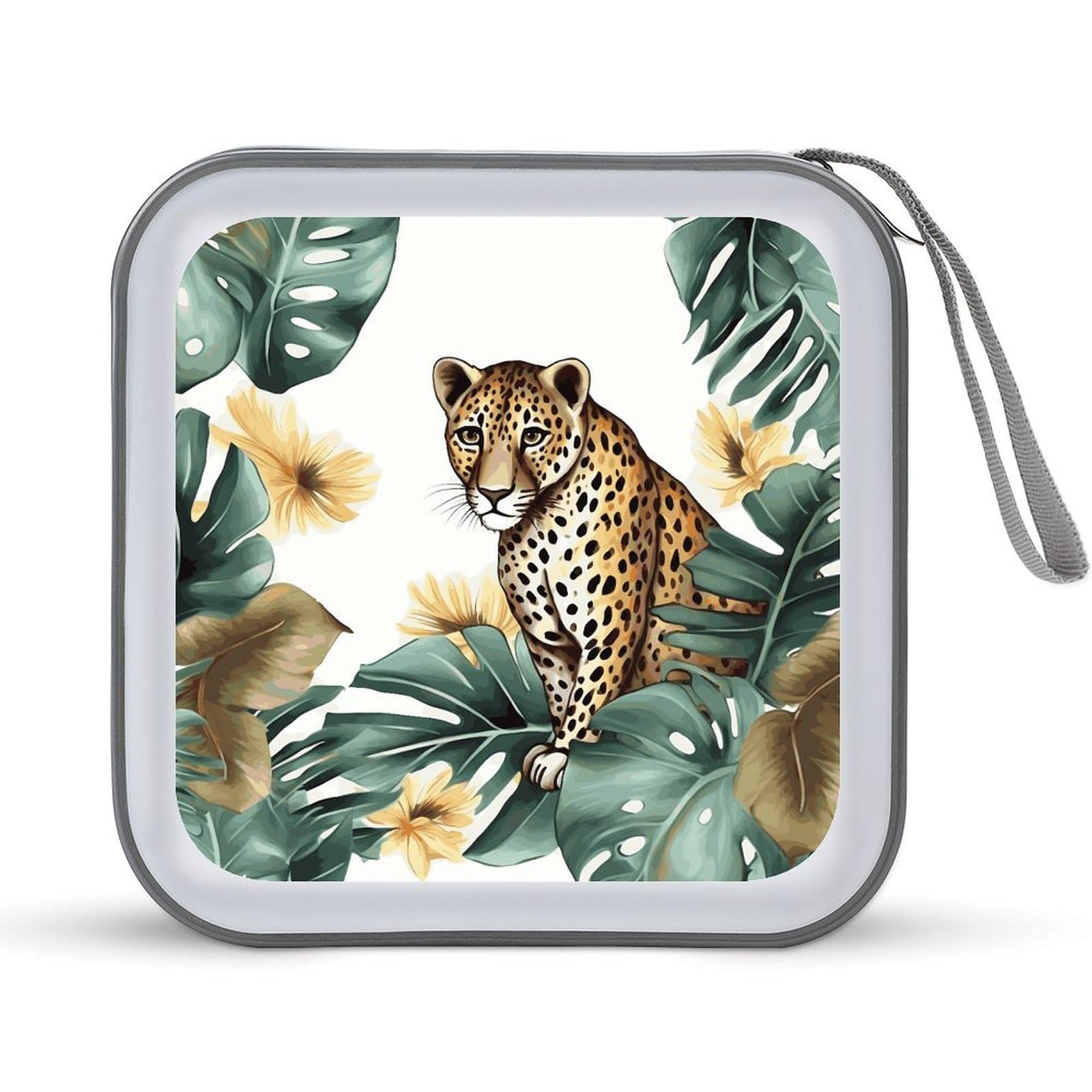 JTREHY Leopard And Palm Leaves CD Case 40 Capacity Case Zipper CD Collection Bag with Handles Cover DVD Storage Hard Plastic DVD Disc Cases Storage Binder for Car Home Office Travel