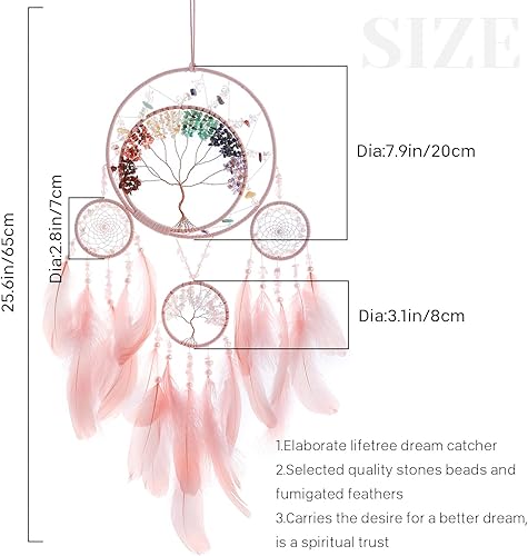 Miniatura 2 de Atrapasueños de 7 chakras, árbol de la vida, gran atrapasueños, decoración de pared de plumas rosas con piedra de cristal curativo arco iris,