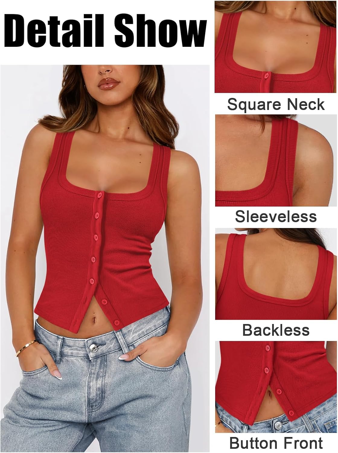 Womens Ribbed Button Down Tank Tops for Women Trendy Knit Fitted Button Up Crop Vest Square Neck Cute Going Out Top - Image 4
