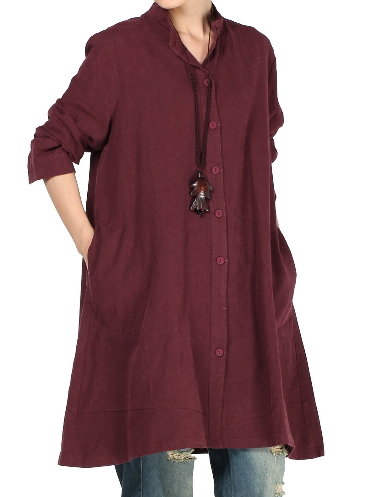 Vogstyle Women's Autumn Cotton Linen Full Front Buttons Shirt Dress with Pockets