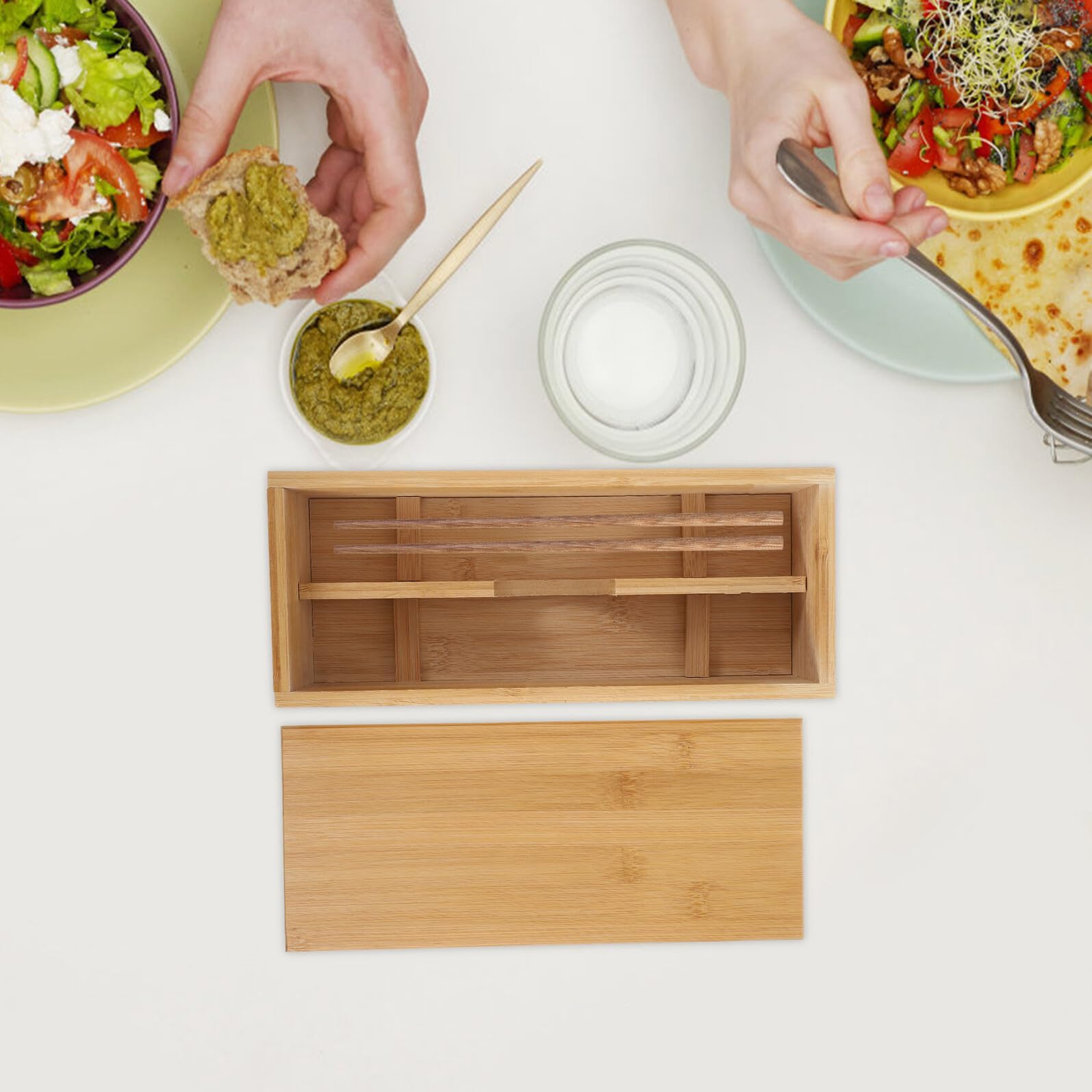 Organizador de de con Tapa Bandeja Porta de Madera Natural Soporte Multifuncional para Cocina Doméstica y Restaurante Diseño Japonés Espacioso y Protector