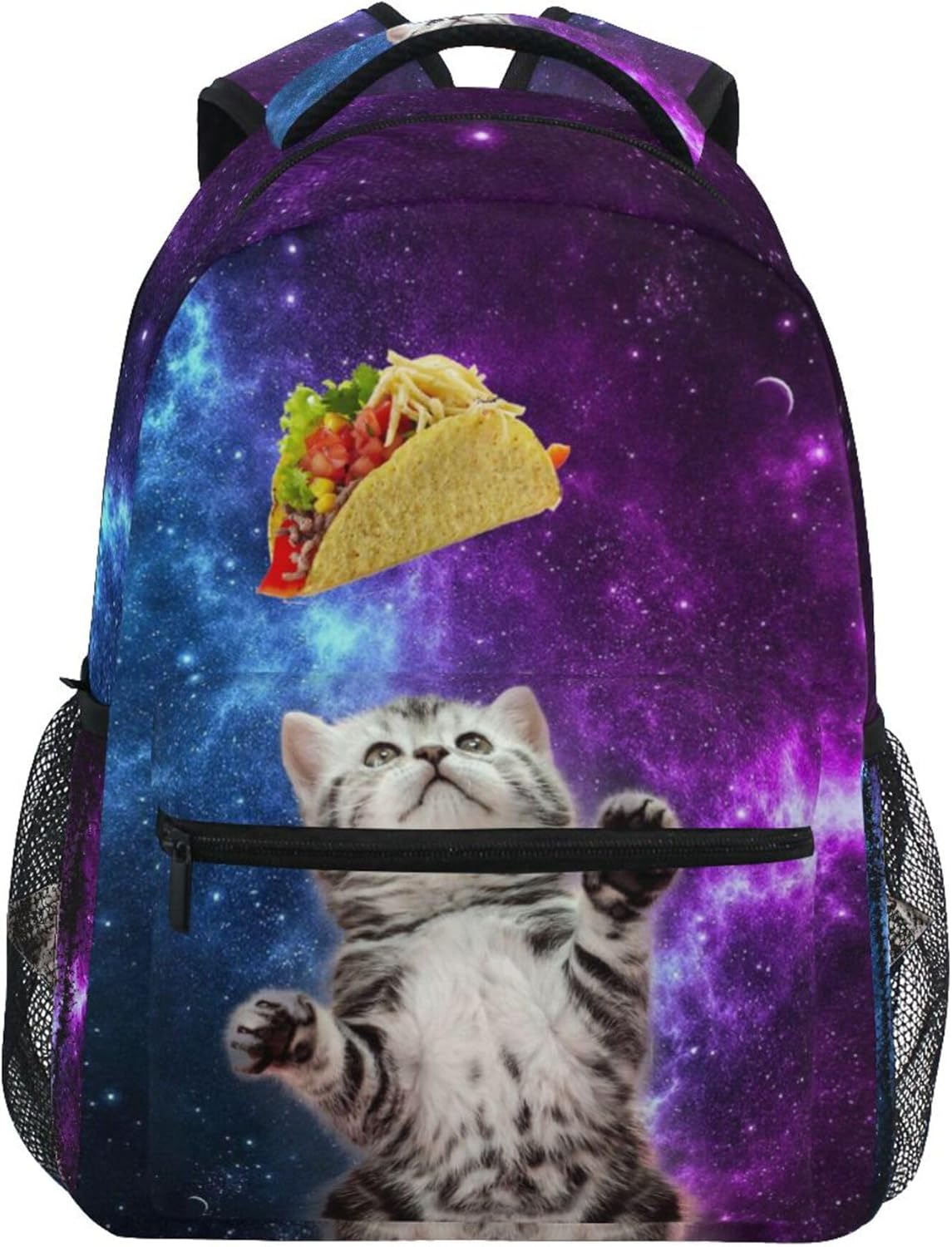 Cute Taco Cat Galaxy Backpack Laptop Tablet Travel School Bag with Name Tag for Boys Girls