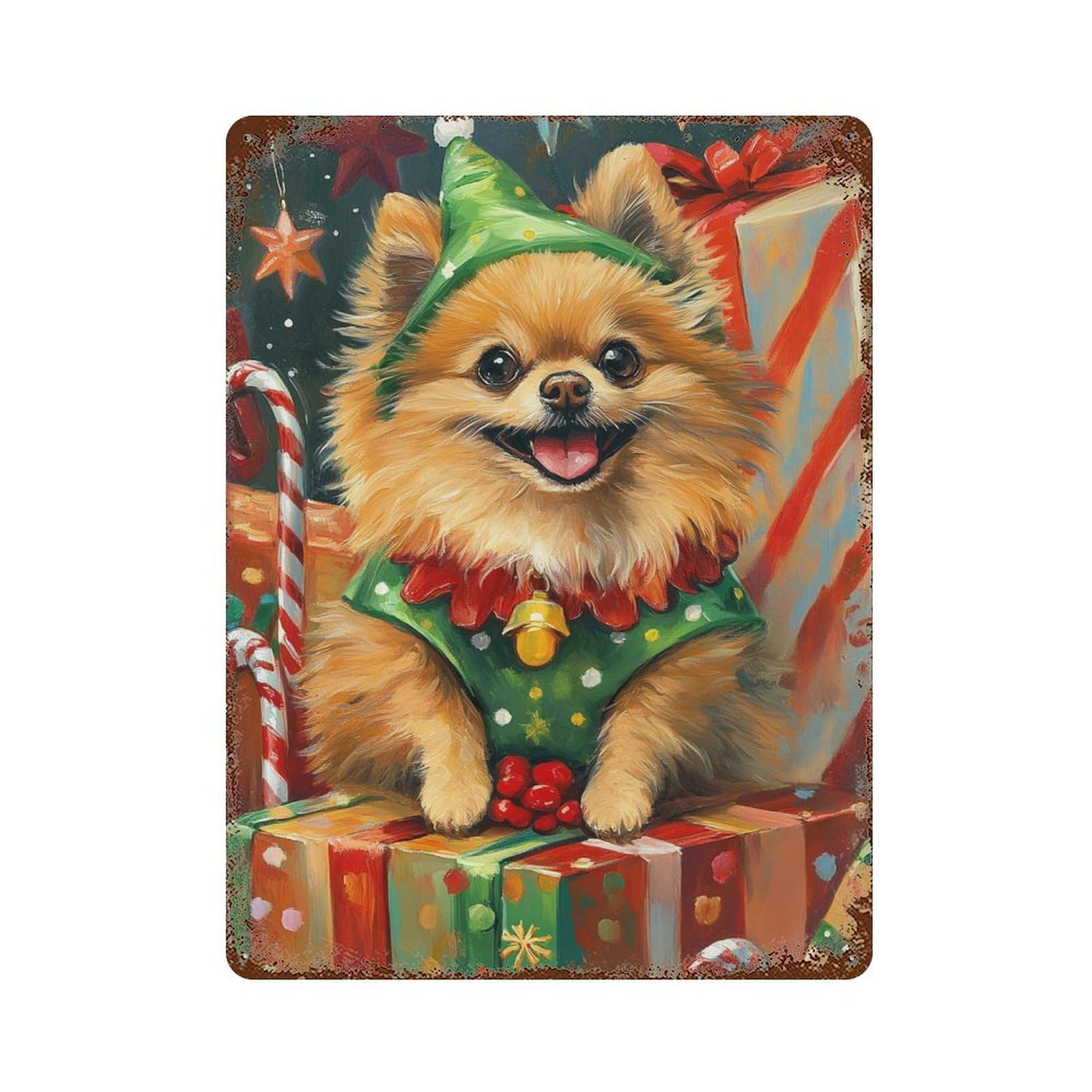 Christmas Pomeranian Dog Gifts Rusty Metal Tin Sign 15.7"x11.8", Old School Wall Decor for Garage, Pub Or Kitchen