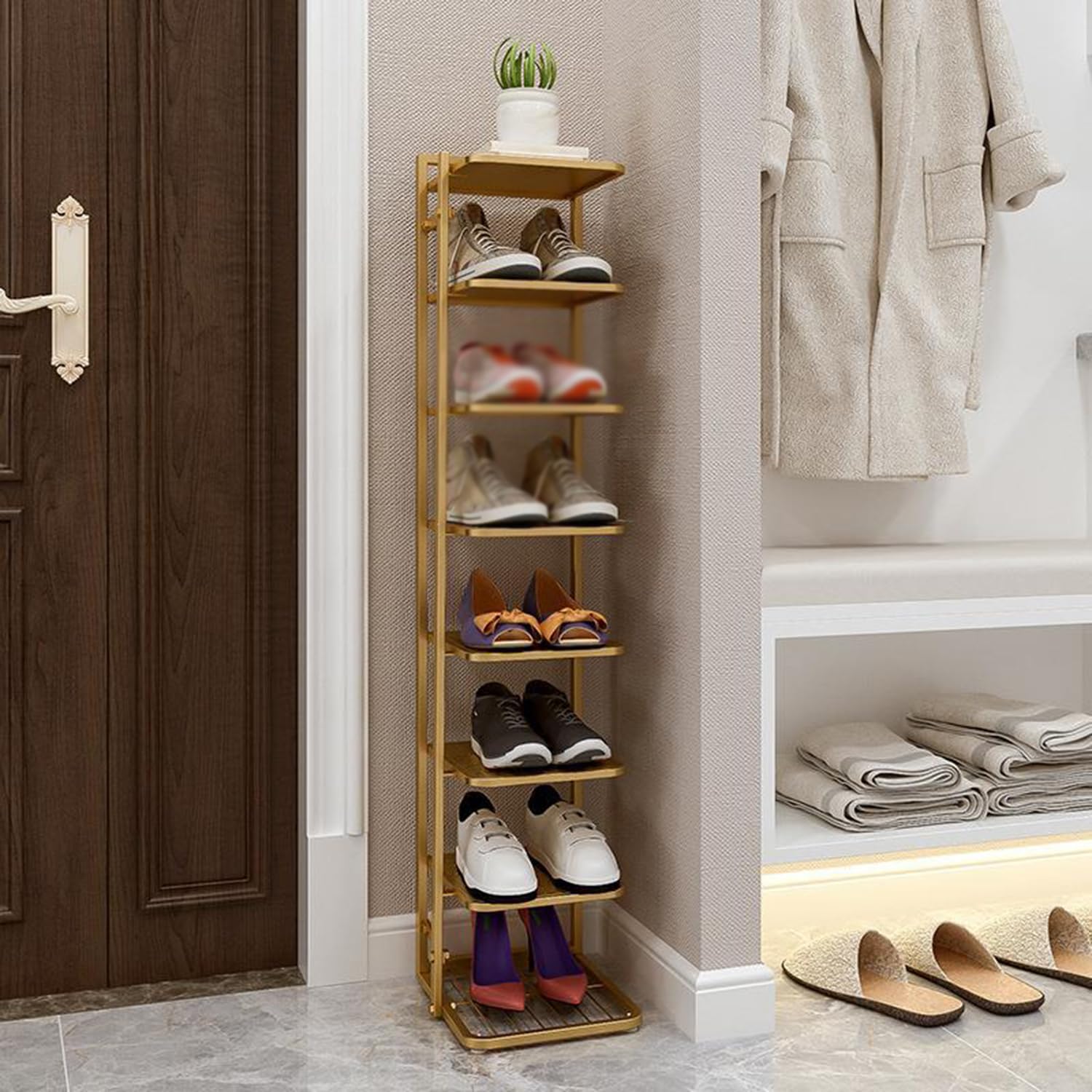 POLGDW 10 Tier Tall Narrow Shoe Rack Metal Corner Shoe Shelf Tower Free Standing Vertical Storage Cabinet for Entryway & Bedroom Stylish Gold Finish Space Saving Design