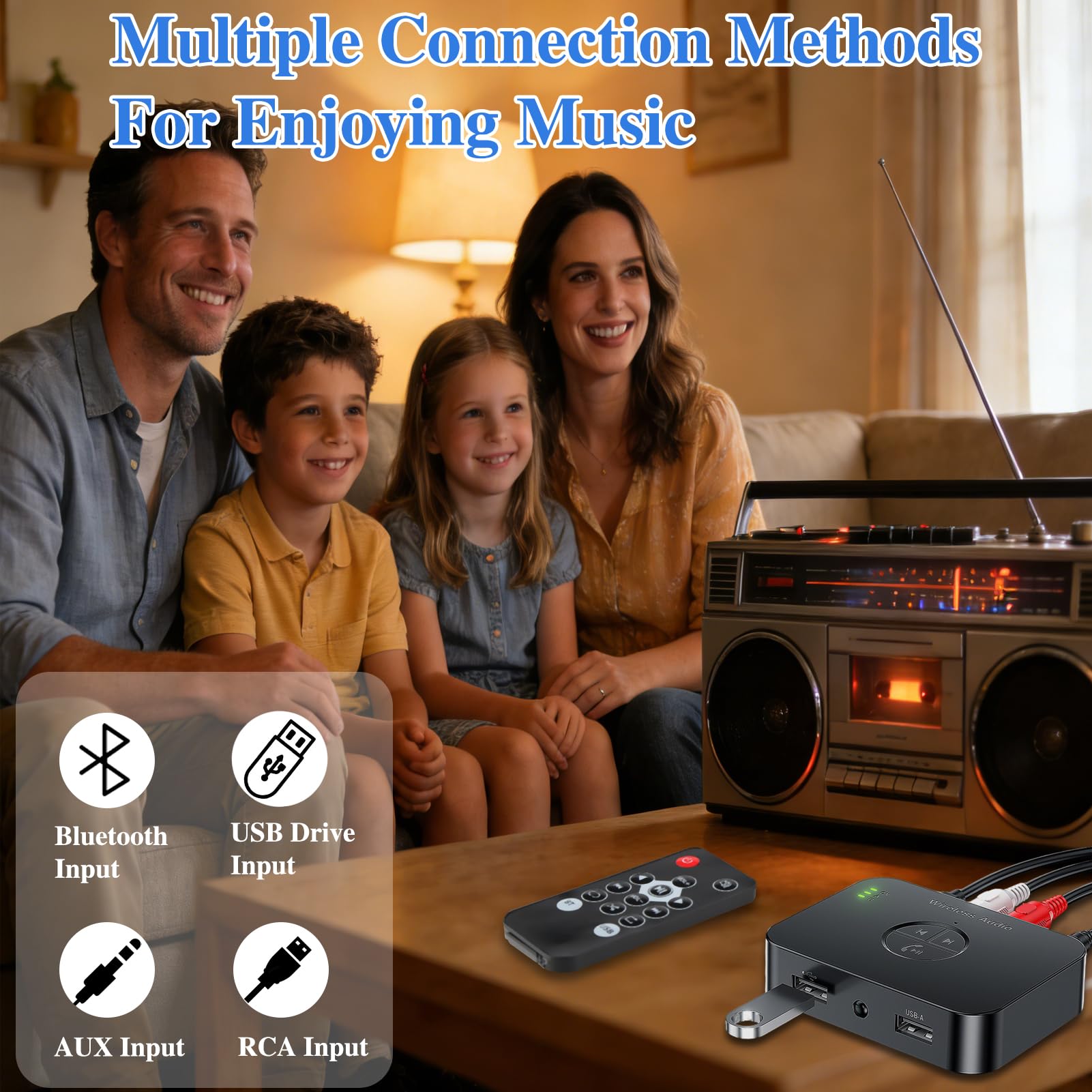 Adattatore Bluetooth 6.0 stereo, doppia connessione 3,5 mm AUX & RCA output, ricevitore Bluetooth per altoparlanti, amplificatore e autoradio, ricevitore audio HiFi Bluetooth con telecomando e 3D