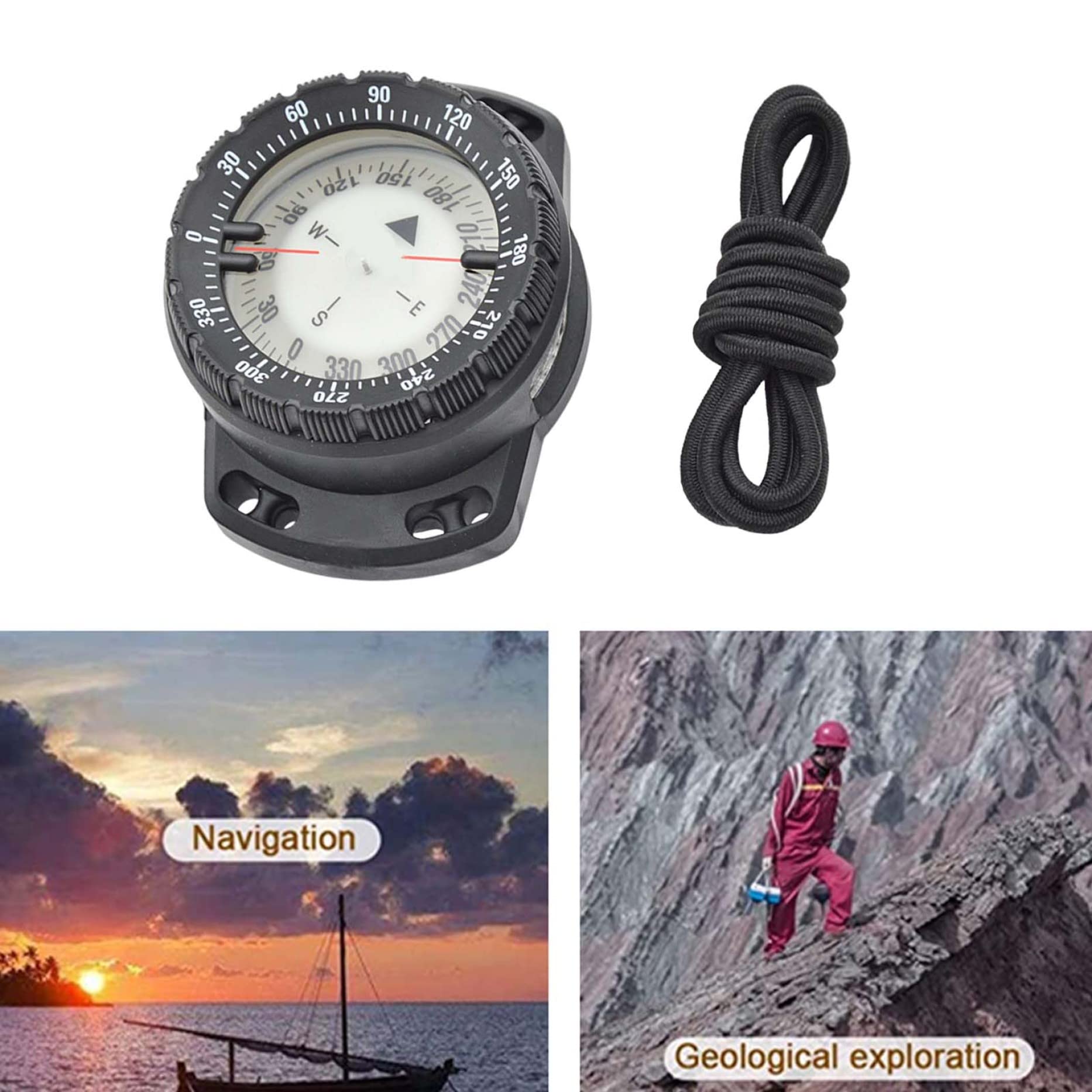 Brújula de buceo Surfing Luminoso bajo el agua Brújula de muñeca de 50 m Visión nocturna Brújula de navegación impermeable con pulsera elástica Brújula Correa de reloj Brújula Brújula de buceo Brújula