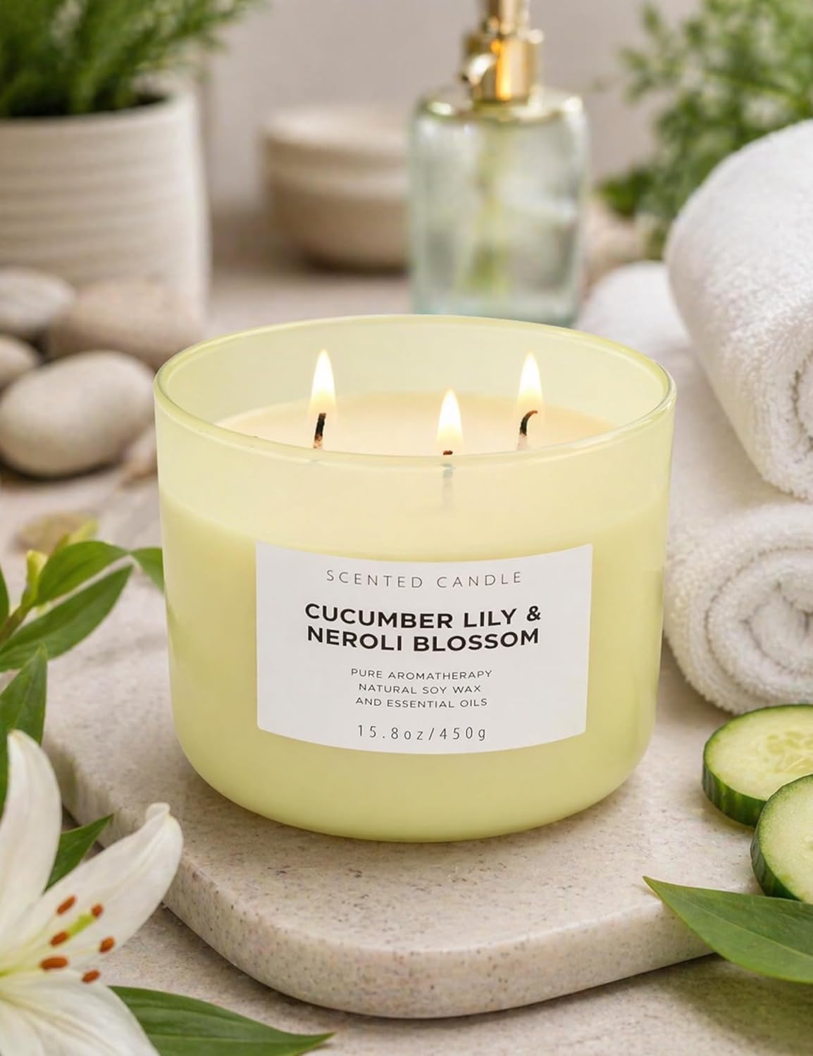 Cucumber Lily Neroli Blossom 3-Wick Soy Candle | 15.8 oz Large Scented Candle for Home | Clean Burn Long Lasting | Fresh Floral Citrus Scent | Gift Ready