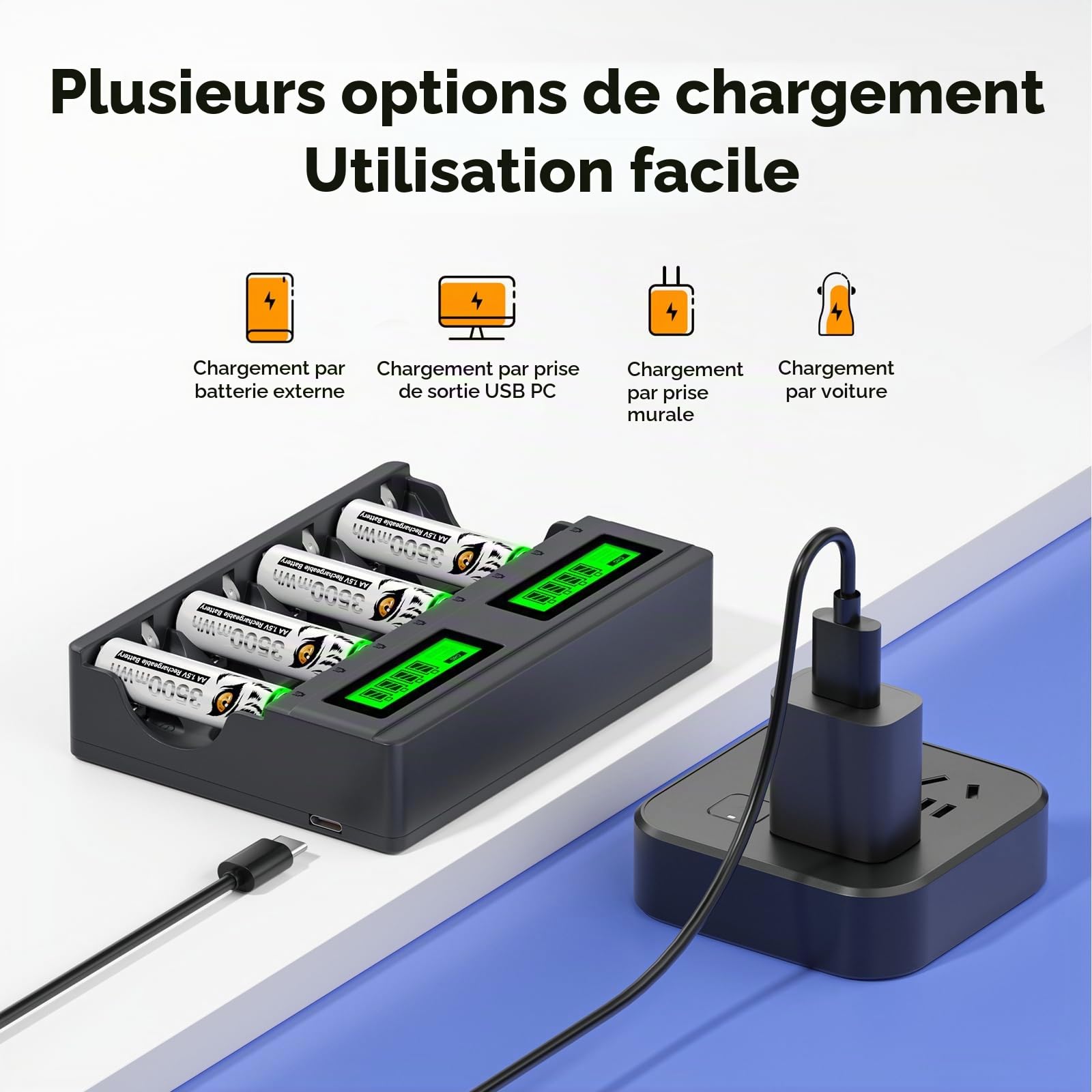 4 Piles AA 1,5 V Rechargeables avec Chargeur, 4 Piles Rechargeables au Lithium AAA avec 8 emplacements USB C Type-C Charge indépendante LCD Chargeur Rapide Intelligent pour Pile AA AAA