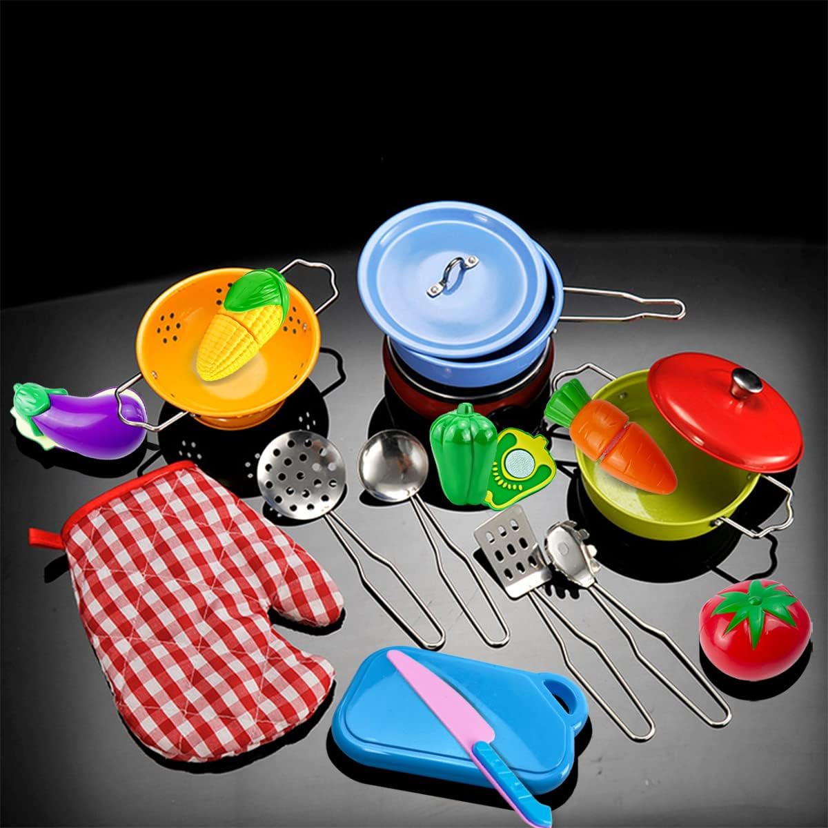 ZCOINS Children's Kitchen Play Set, Colourful Stainless Steel Play Pans Pots Kitchen Accessories Set,11pcs/Set Utensils for Kids
