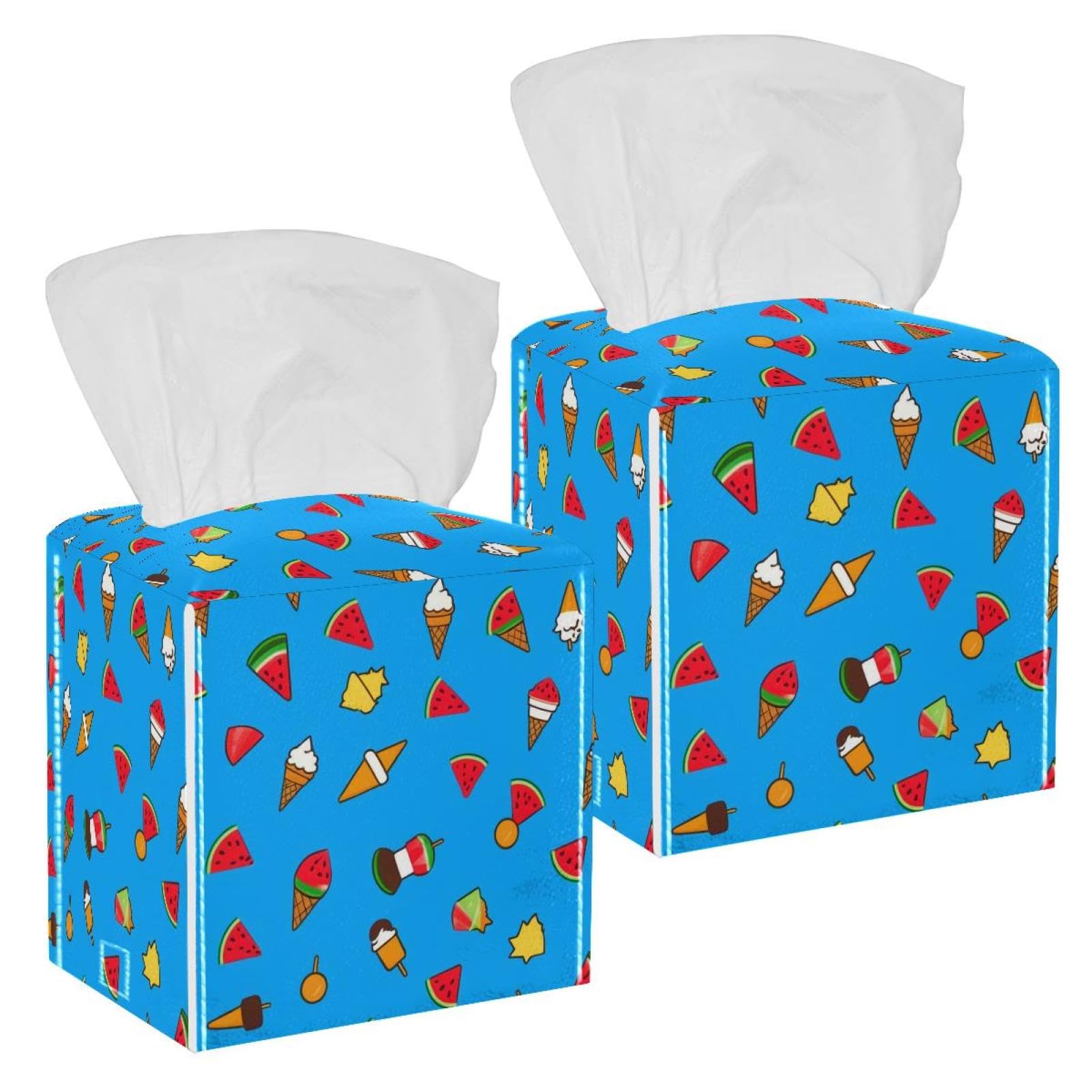Ice Cream Tissue Box Cover, 2 Pack PU Leather Square Facial Tissue Dispenser Box holder for Home Office Car