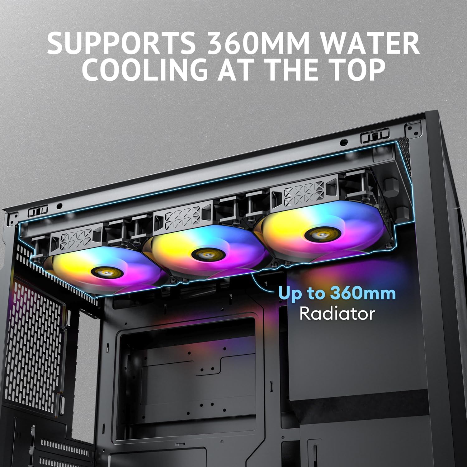 Top interior view of Antec Flux M case showing space for a 360mm radiator