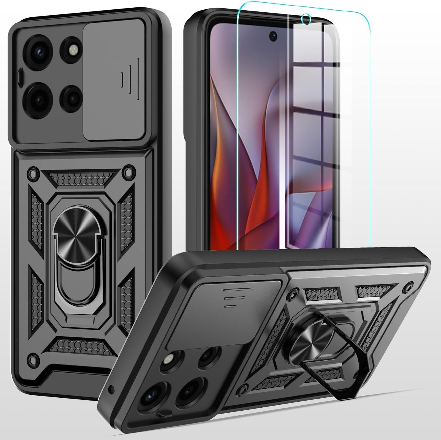 for Motorola Moto G Power 5G 2025 Case with Slide Camera Cover + Tempered Glass Screen Protector Shockproof Heavy Duty [Military-Grade] Rugged Phone