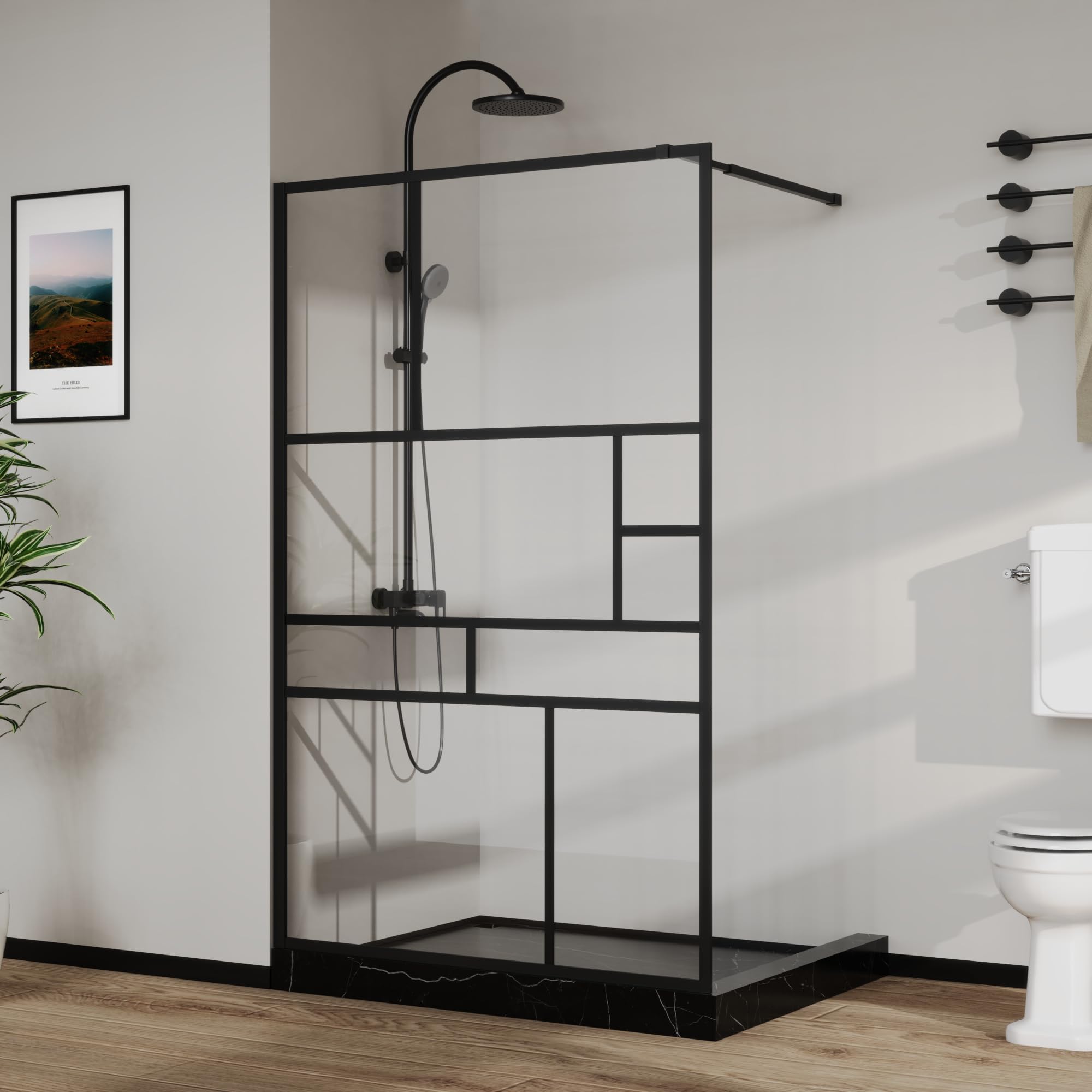 Goodyo 46 in. W x 72 in. H Bathroom Shower Glass Door Framed Tempered Clear Glass Shower Screen Panel for Walk-in Bathroom, Multiple Grid Pattern, 3-Pieces Glass, Matte Black