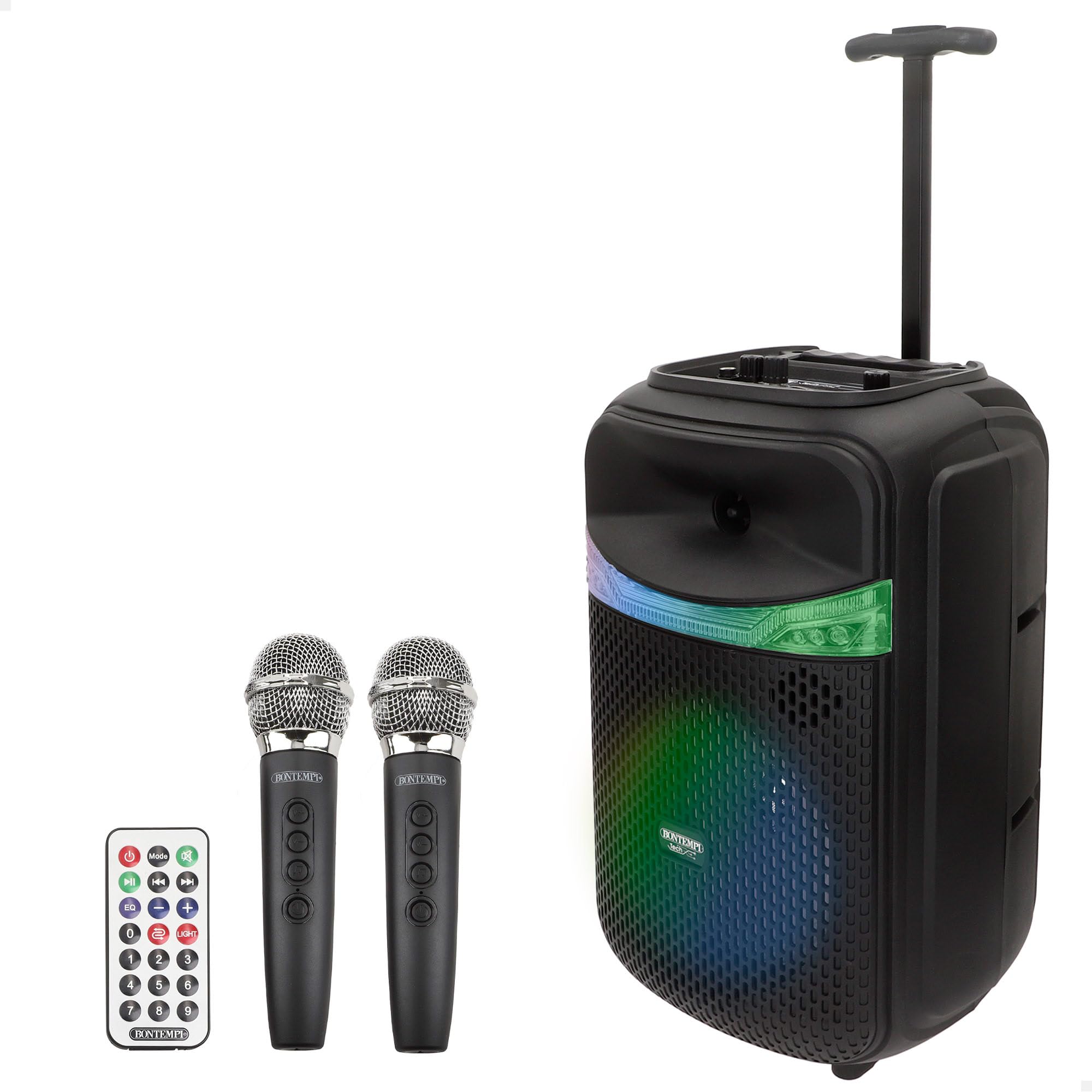 ColorBaby Bontempi Altavoz Maleta inalámbrico con Karaoke, 300W de Potencia, 2 micrófonos, Luces RGB, Radio, Pantalla, Ecualizador de Sonido, Dos Altavoces a la Vez, Batería Recargable USB (39223)