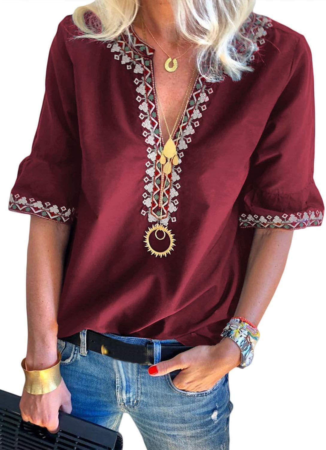 Chase Secret Womens V Neck Boho Print Embroidered Shirts Short Sleeve Casual Tops Blouse Plus Size 2XL Green