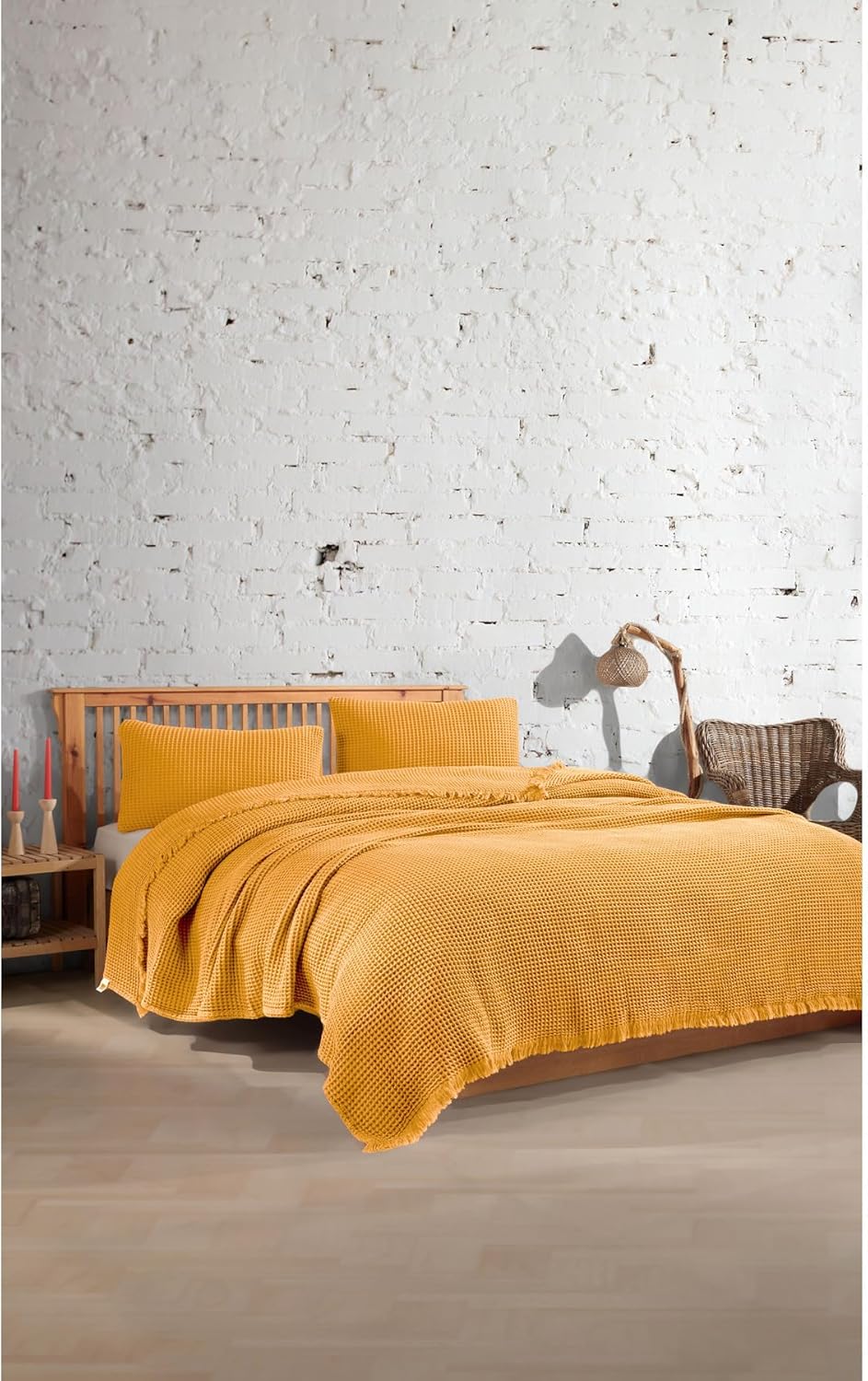 Waffle Weave Bedspread 100% Cotton Queen/King Size Lightweight Breathable Texture Solid Color Bed Coverlet Mustard for Seasons - Mustard, One Size