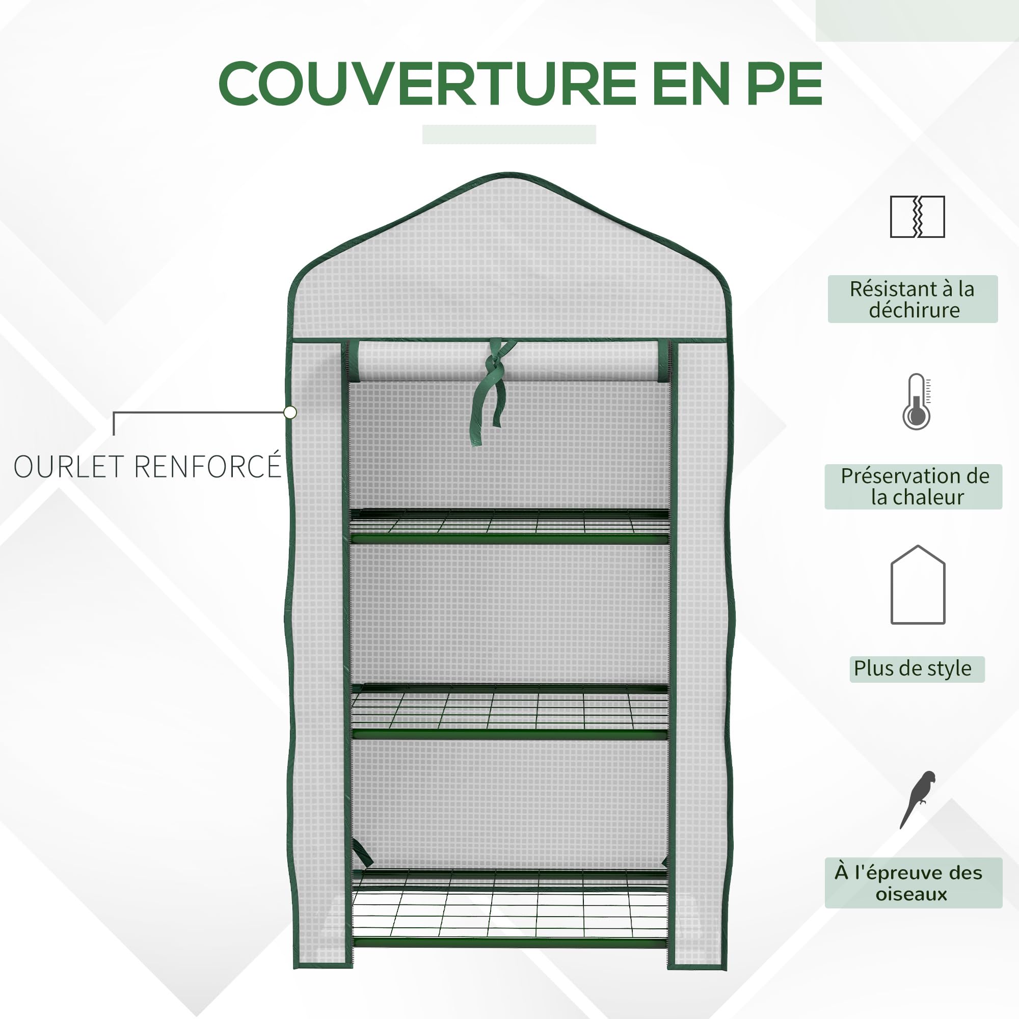 Outsunny Serre de Jardin avec étagères 3 Niveaux, Serre de Balcon, bâche renforcée PE, châssis en Acier, Porte zippée Enroulable, pour légumes Plantes Fleurs, 59 x 39 x 127 cm, Blanc