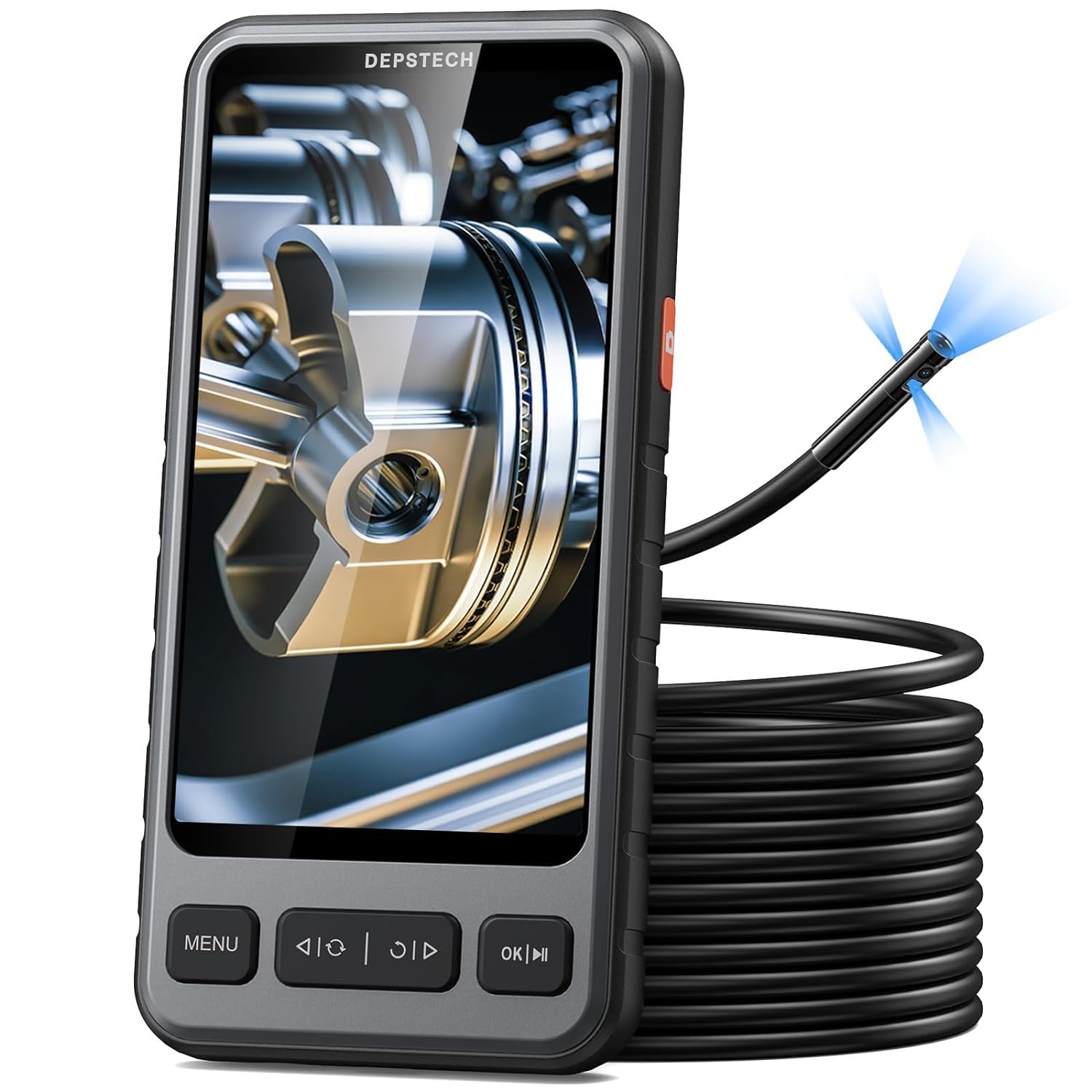 DEPSTECHTriple Lens Endoscope Inspection Camera, 5" Screen Borescope with Light, 1080P HD Sewer Endoscope with Carrying Case, Split Screen View, Plumbing Snake Camera for Automotive -5M
