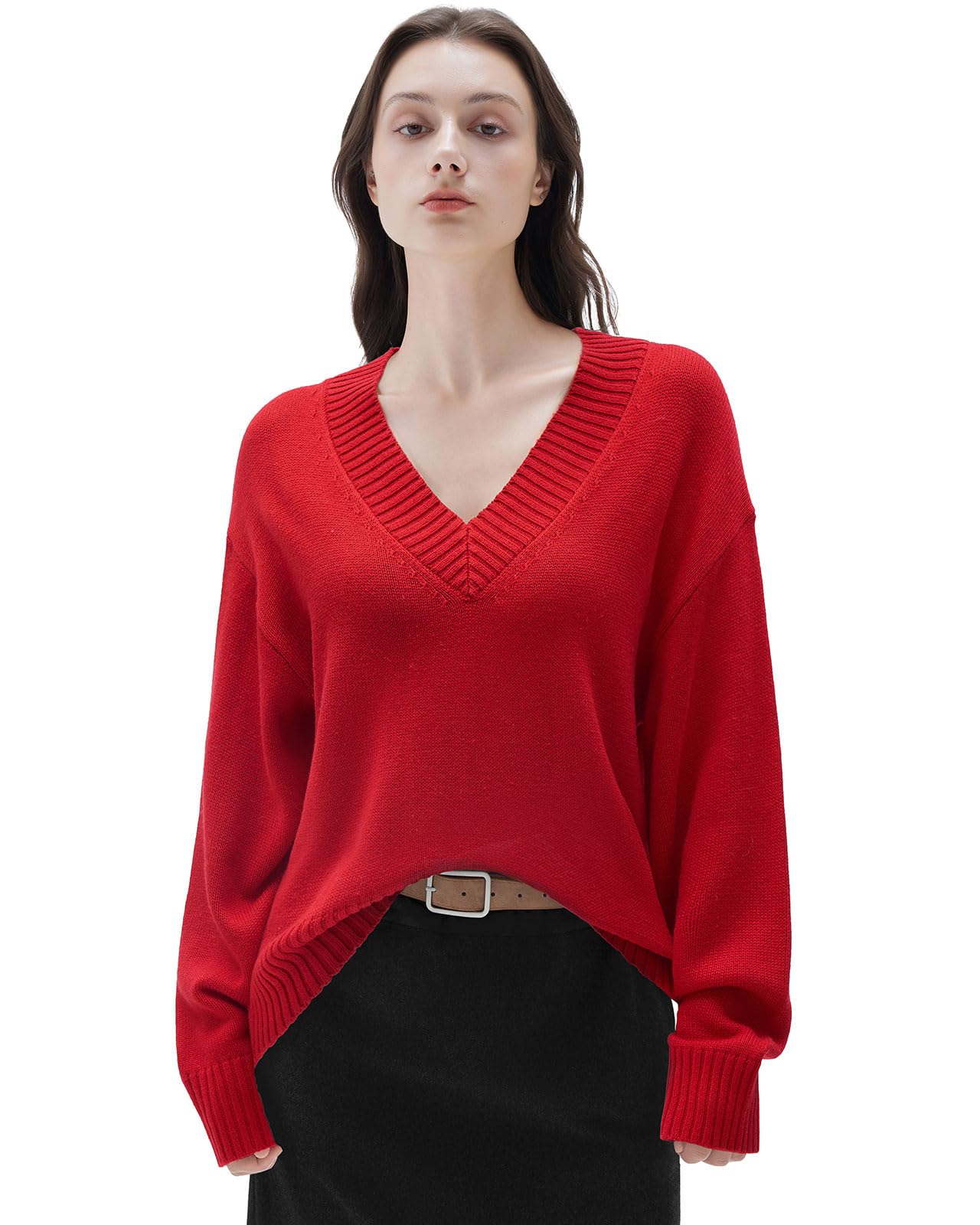 SUUKSESS Women Cashmere Blend Oversized V Neck Long Sleeve Pullover Sweaters