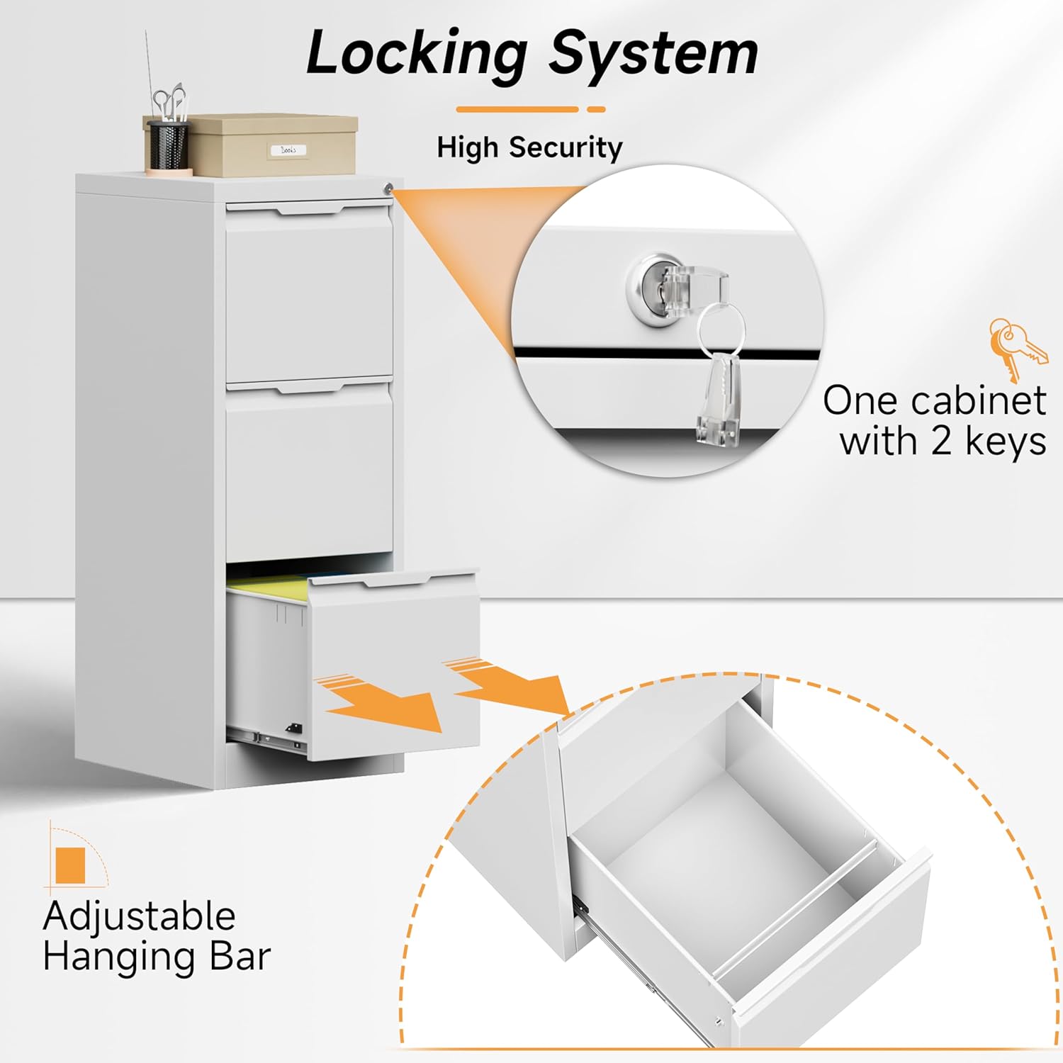 Bestoo 3 Drawer File Cabinet with Lock Metal Vertical Filing Cabinet Narrow File Cabinet Locked for Home Office A4 Legal/Letter Size Assembly Required (White, 3 Drawers-Vertical)