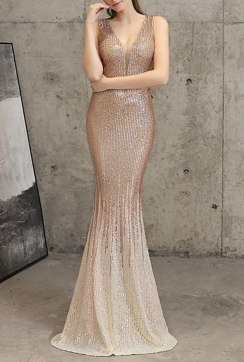 Women's Double V-Neck Sequins Sleeveless Mermaid Evening Dress - Image 2