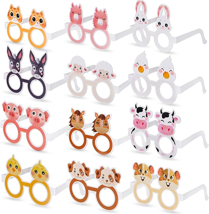 24 Pieces Farm Animal Glasses Barnyard Paper Frame Animal Eyeglasses Farmhouse Funny