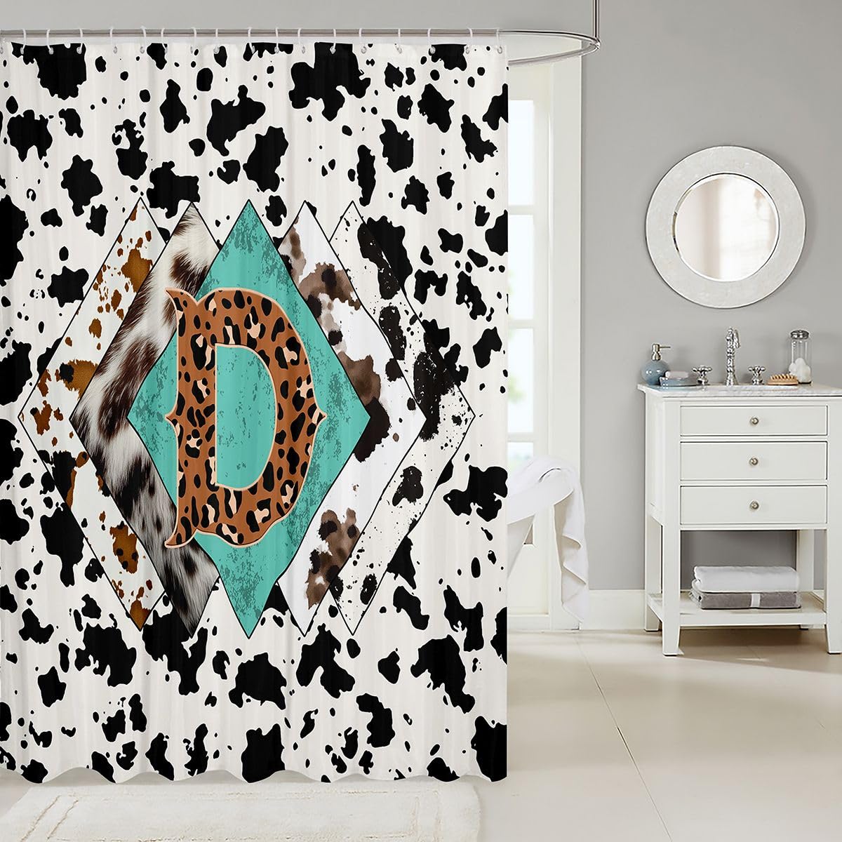 Rideau de douche lettre D taille L léopard monogramme alphabet imprimé cuir de vache rideau de bain pour adultes design rustique rétro rideaux de bain imperméables avec 12 crochets pour baignoire