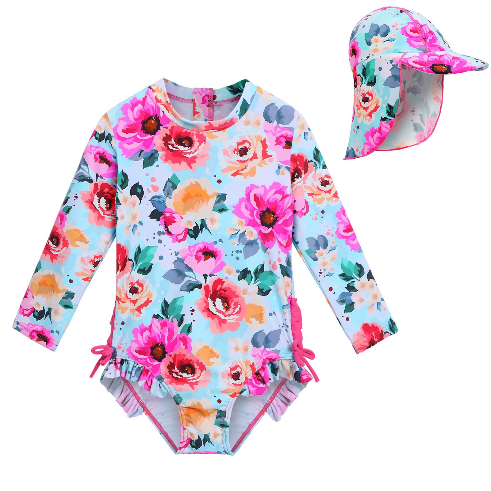 XFGIRLS Bañador de manga larga resistente a los rayos UV para niñas de 0 meses a 6 años, Flor de rosa caliente, 3-4 Años