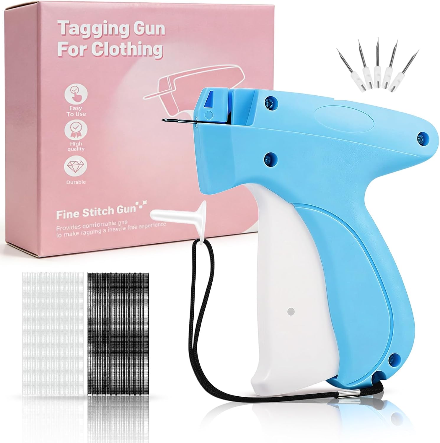 Stitch Gun for Clothes - Handheld Stitch Gun Quick Clothing Fixer - Tagging Gun for Clothing, Sewing Kit-Includes 6 Needle, 1000 Black Fasteners & 1000 White Fasteners (Blue White)