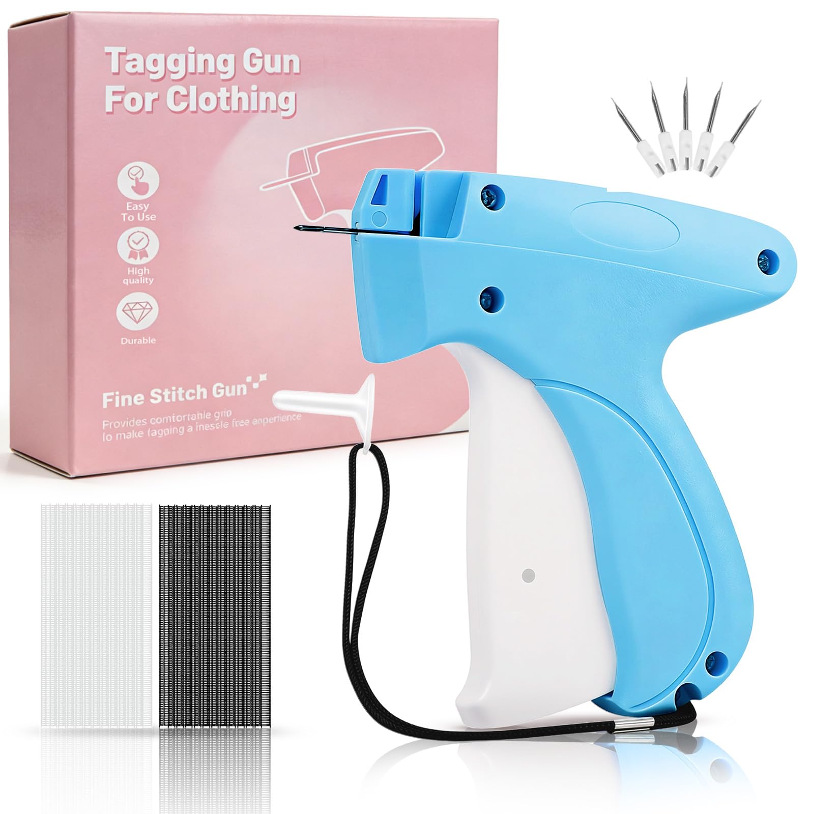 Stitch Gun for Clothes - Handheld Stitch Gun Quick Clothing Fixer - Tagging Gun for Clothing, Sewing Kit-Includes 6 Needle, 1000 Black Fasteners &amp; 1000 White Fasteners (Blue White)