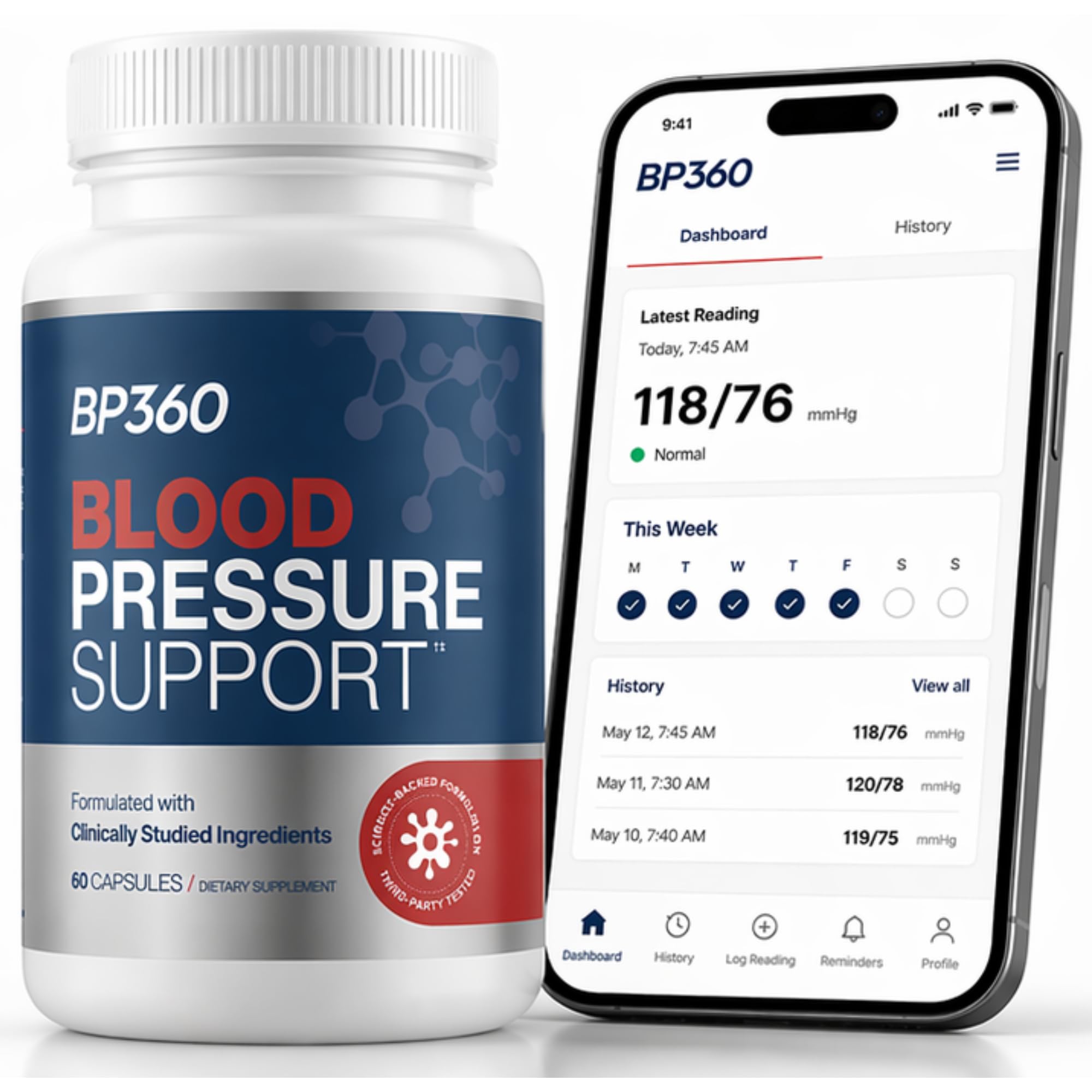 Blood Pressure Supplements - NSF Contents Certified - Clinically Studied Ingredients - Third Party Tested Natural Blood Pressure Support - Includes Free BP Tracking Companion App
