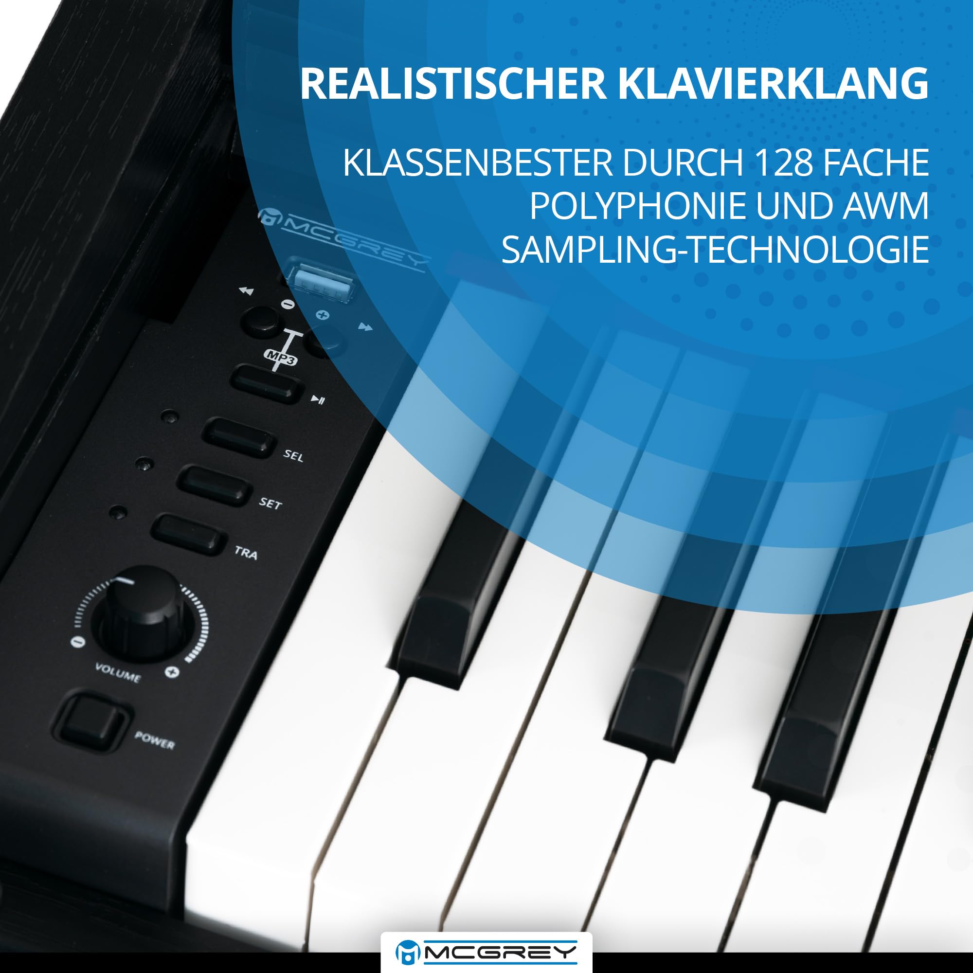 McGrey DP-19 SM E-Piano Set - 88 tasti pesati con meccanica a martello e dinamica di tocco - 8 suoni - copritastiera - incl. sgabello da pianoforte, cuffie e scuola di pianoforte - Nero opaco