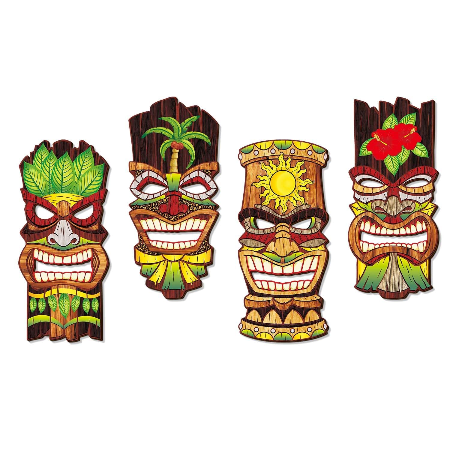 CAKIROTS 4 Pcs Tiki Mask Wall Decor Polynesian Hawaiian Style Decor African Masks Wall Decor Tiki Masks Outdoor Wooden Sign 17 Inches-image-2