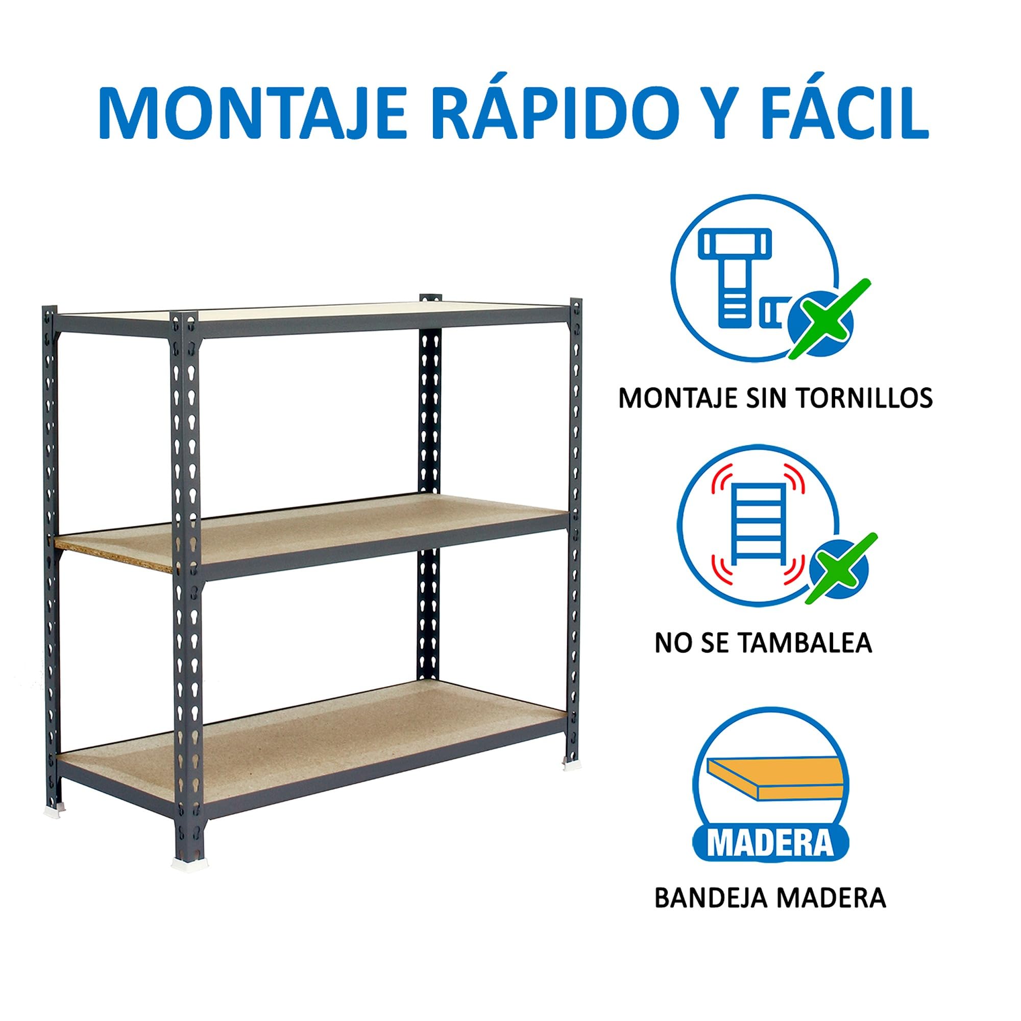 Simon Rack Estanterias Metalicas, 1000x800x400 mm, 3 Baldas de Madera, 150 kg de Punto Flexión, Estanterias Almacenaje, Gris/Madera - Maderclick