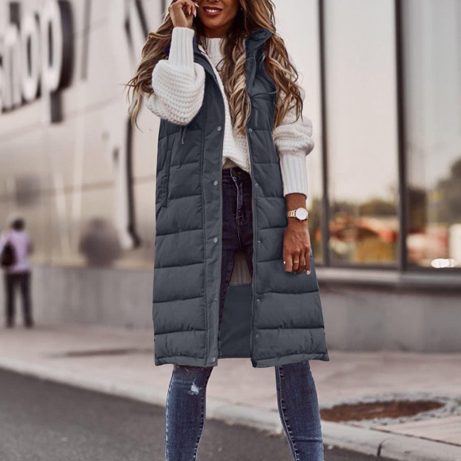 Damen Weste Lang mit Kapuze, Steppweste Winter Herbst Warme Steppmantel Daunenweste Langer Winterjacke Freizeit Ärmellos Weste Outdoor Longweste Winterweste Reißverschlüsse Longweste mit Taschen