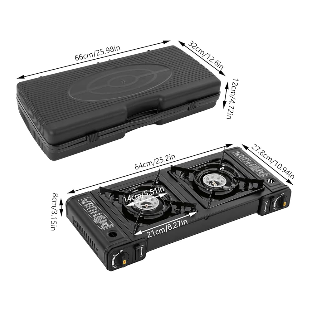 Réchaud Gaz 2 Feux OMGGYER - Portable Camping - Plaque Cuisson Antiadhésive - Butane - Mallette Transport