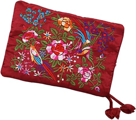 Silky Embroidered Brocade Travel Jewelry Organizer Roll Pouch