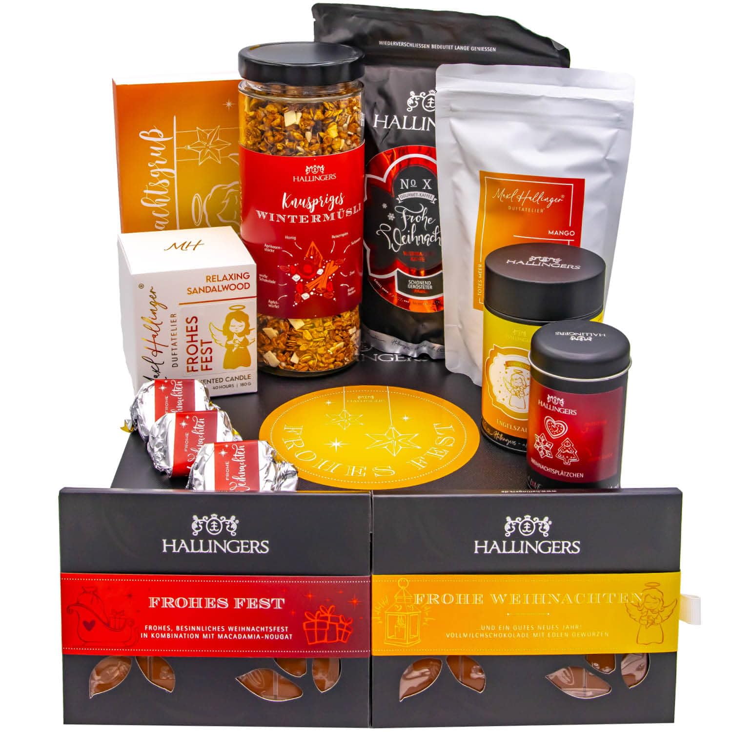 Hallingers Genuss Manufaktur Feinkost Weihnachts-Geschenk-Set - XXL-Geschenkkorb "Frohes Fest" große Selektion Nougat, Müsli, Kaffee, Duftkerze, Gewürz, Schoki & mehr, Weihnachten für Frauen Männer