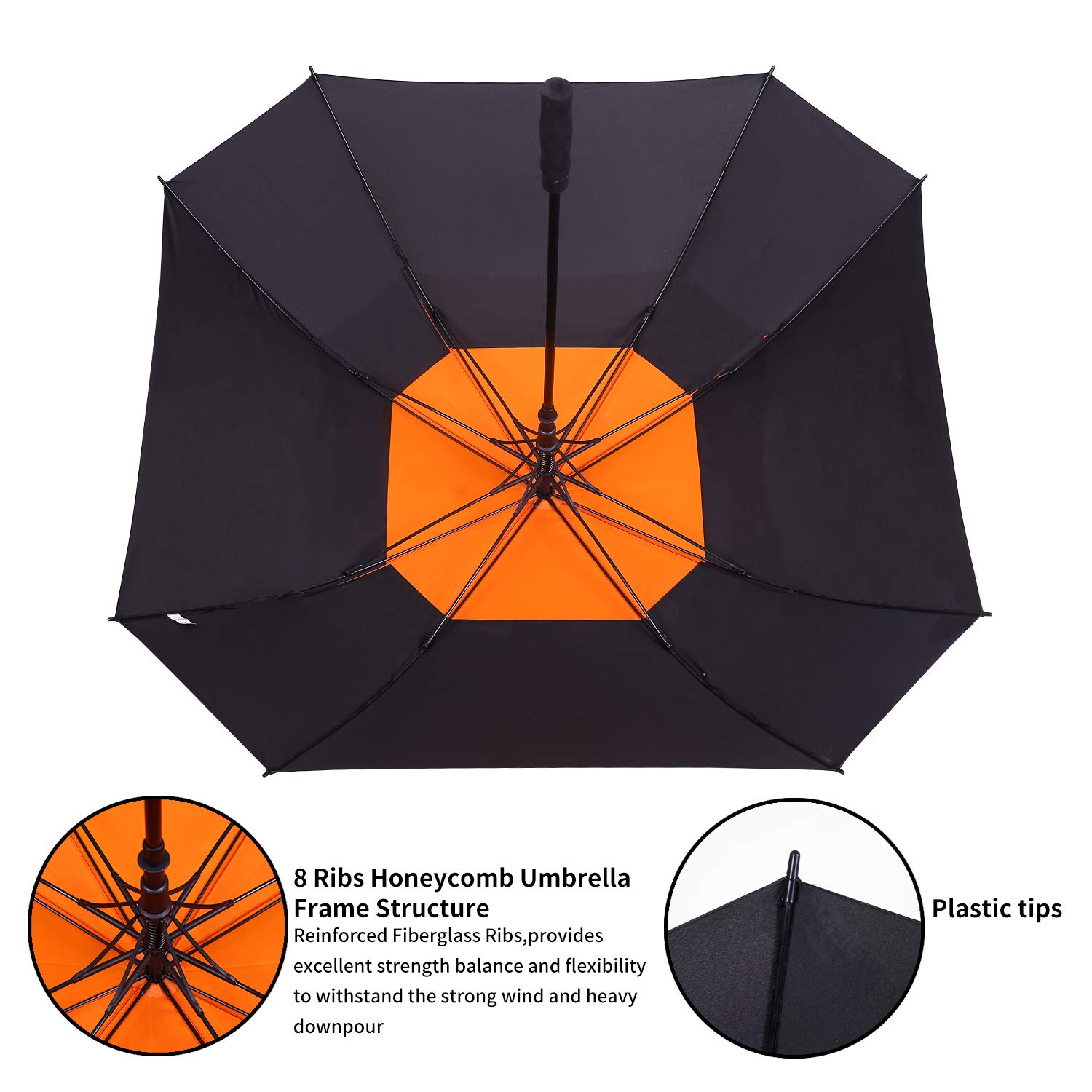Paraguas cuadrado automático y resistente al viento (negro/naranja, 157,5 cm)